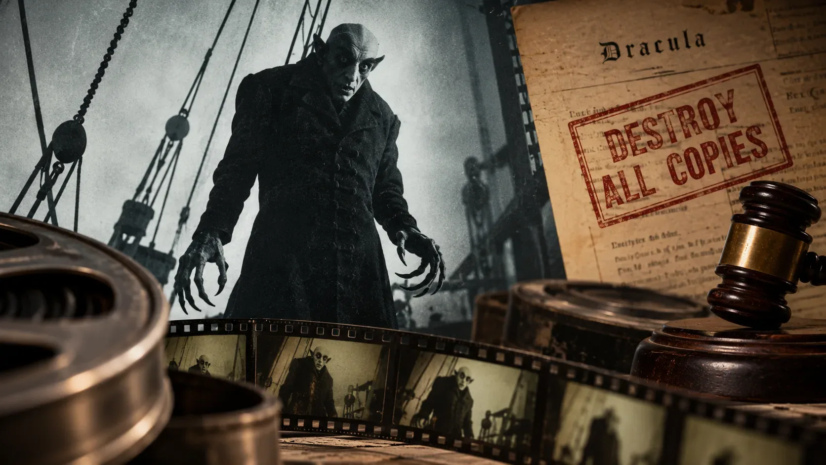 Arte editorial com vampiro em um navio sombrio, rolos de película, documento com carimbo vermelho de destruição de cópias e martelo de juiz.
