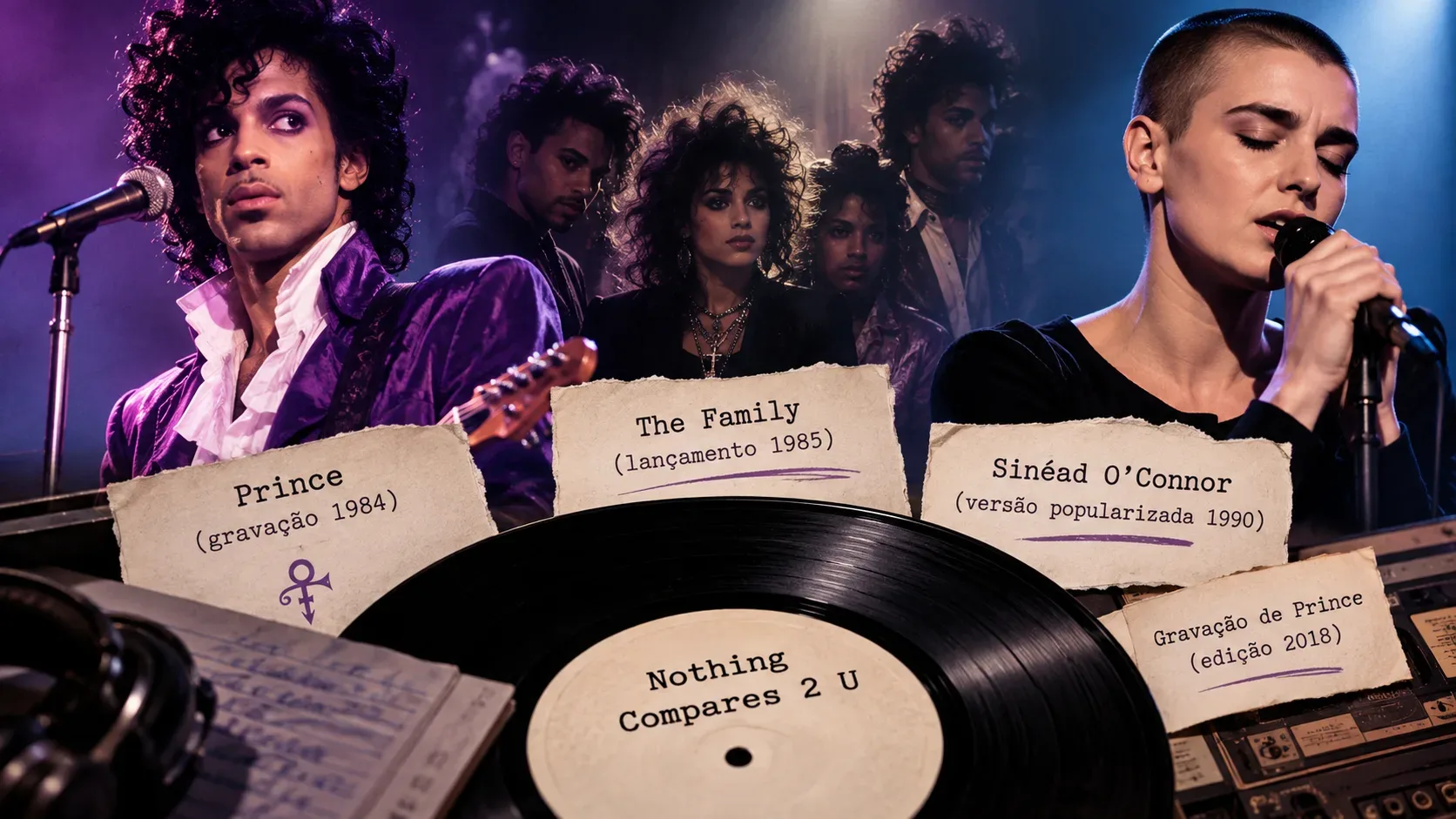 Colagem musical com Prince à esquerda, um grupo ao centro e Sinéad O’Connor à direita; à frente, um disco de vinil e cartões com nomes e datas.