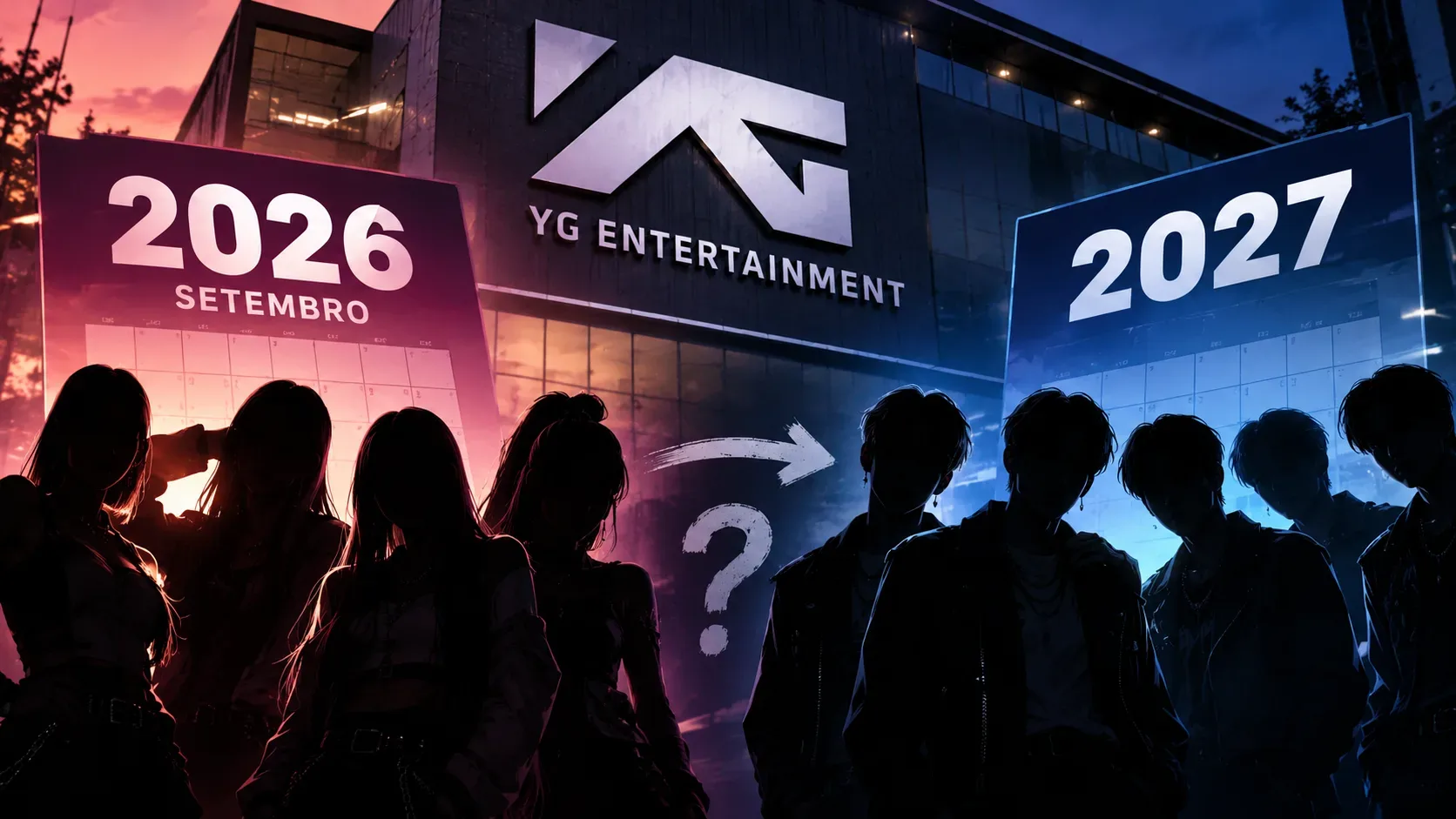 Montagem ilustrativa da fachada da YG Entertainment, com silhuetas de dois grupos, calendários de 2026 e 2027, uma seta e um ponto de interrogação.