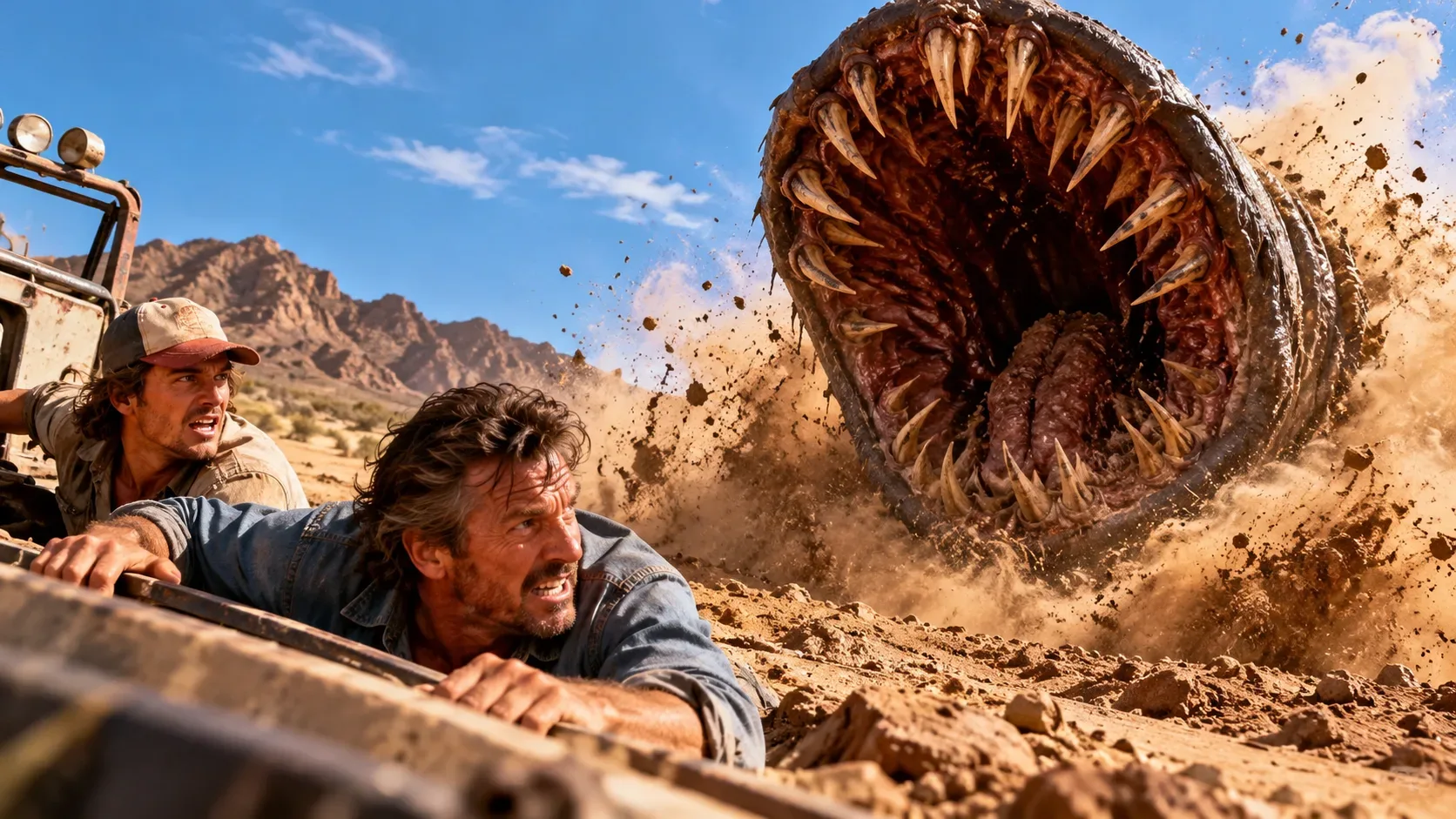 Dois homens se protegem junto a um veículo no deserto enquanto um verme gigantesco de boca aberta emerge do solo.