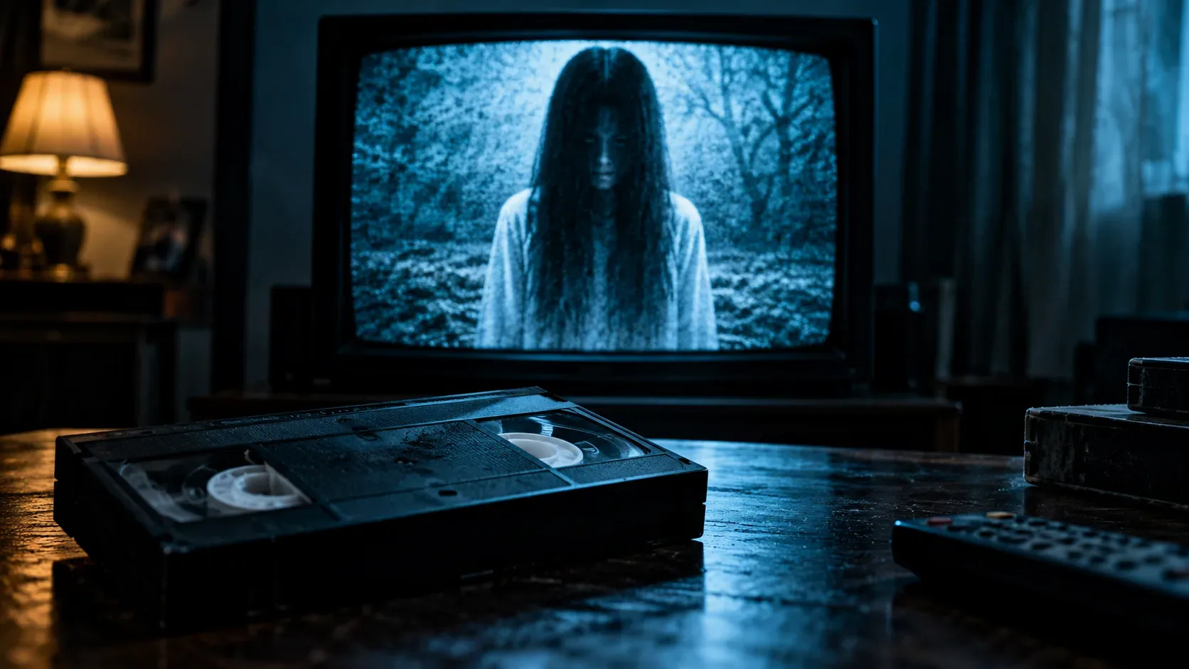 Fita VHS preta sobre uma mesa em frente a uma televisão antiga que mostra uma figura de cabelos longos em ambiente azulado e sombrio.