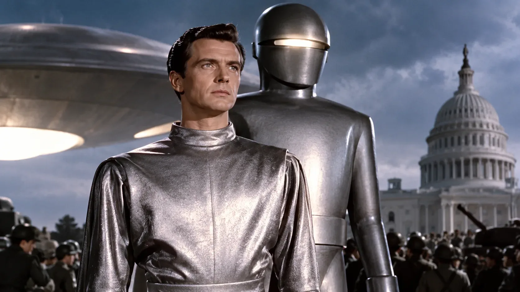 Homem com traje prateado diante de um grande robô metálico, com disco voador, soldados e o Capitólio ao fundo.