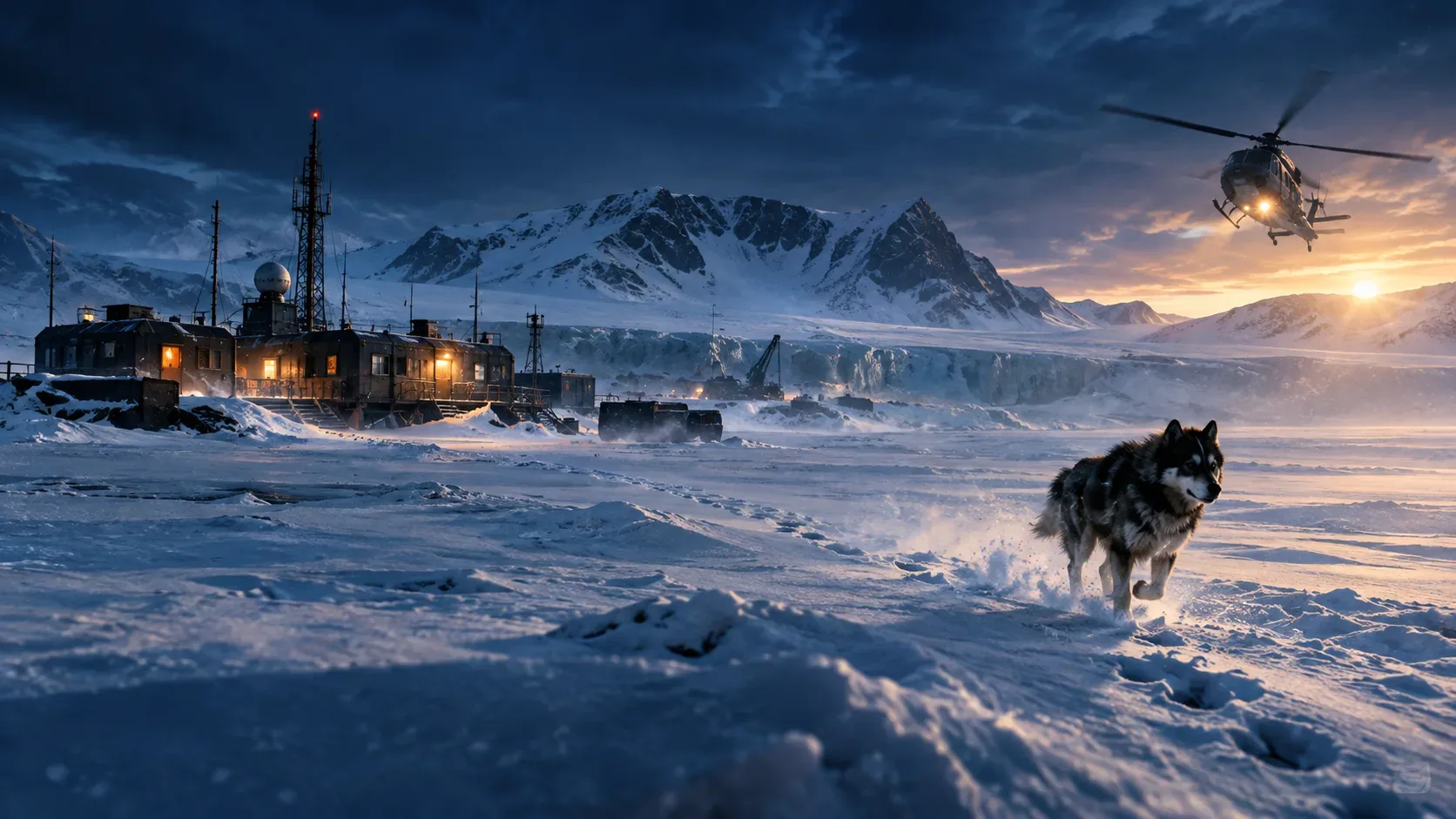 Paisagem antártica ao entardecer, com estação de pesquisa iluminada, cachorro correndo na neve e helicóptero voando ao fundo.
