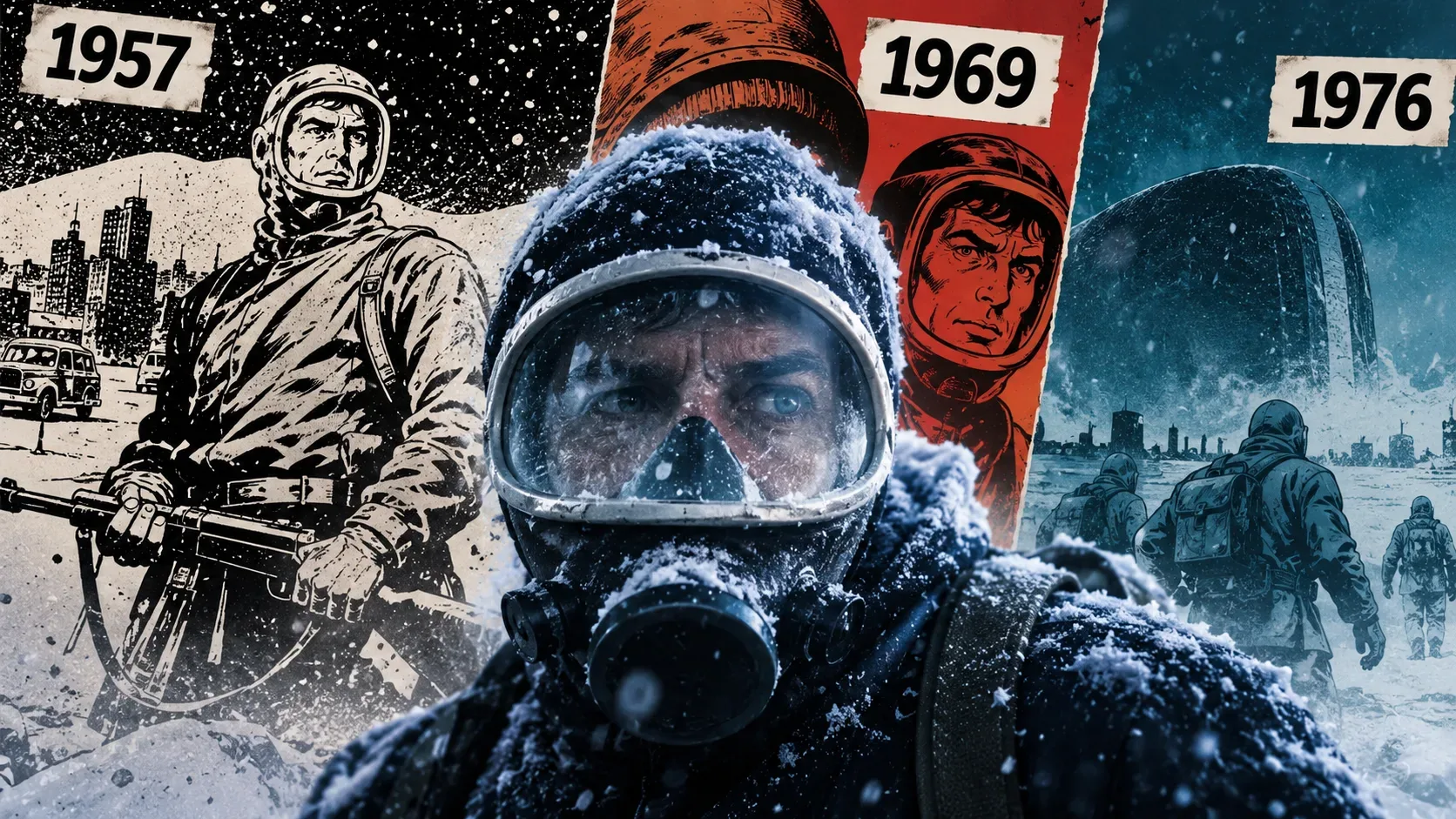 Colagem horizontal de ficção científica com figuras protegidas por máscaras em uma cidade nevada, painéis em preto, vermelho e azul e os anos 1957, 1969 e 1976.