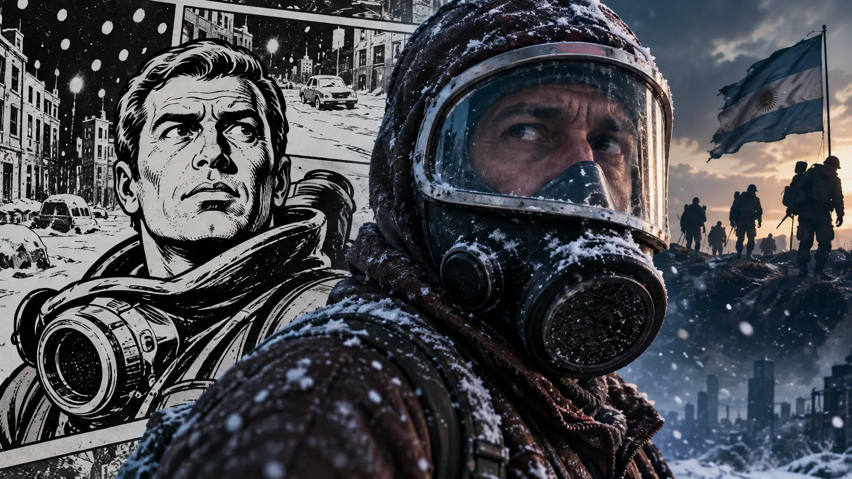 Montagem editorial com um sobrevivente desenhado em preto e branco à esquerda, outro com máscara de gás sob a neve ao centro e soldados diante da bandeira argentina ao fundo.