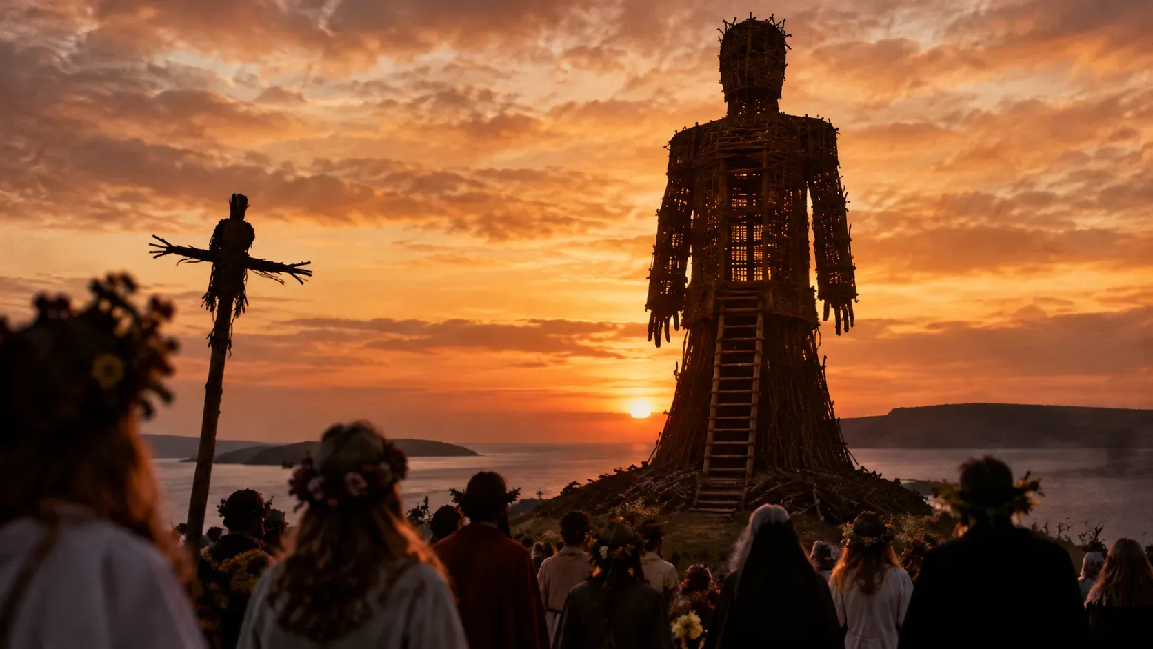 Silhueta de uma enorme figura humana de vime diante do pôr do sol, observada por uma multidão com coroas de flores junto ao mar.
