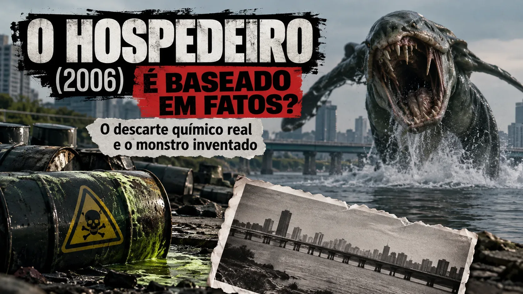 Montagem ilustrada com barris vazando líquido verde diante de um rio urbano, ponte ao fundo, criatura anfíbia fictícia emergindo da água e chamada escrita sobre O Hospedeiro (2006).