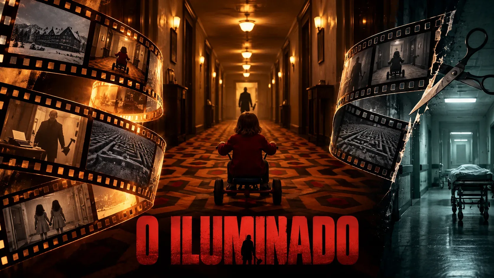Arte de corredor de hotel com criança em triciclo, películas de filme dos dois lados, maca em área hospitalar e título O Iluminado em vermelho.