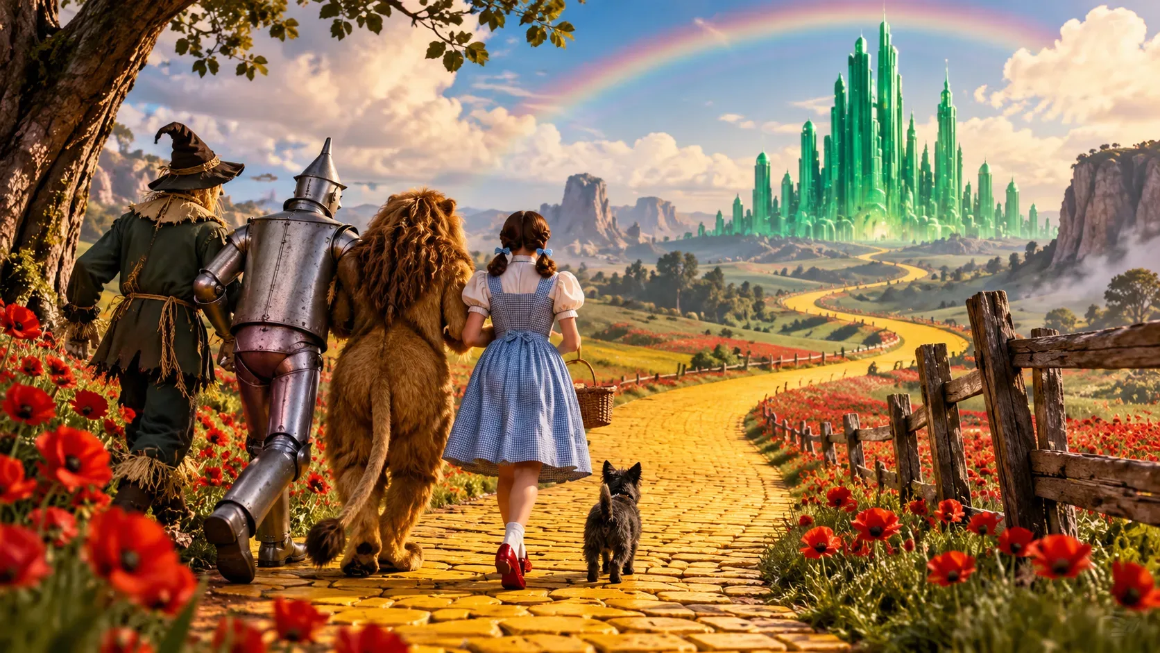 Dorothy com vestido azul e sapatos vermelhos caminha com Totó, Espantalho, Homem de Lata e Leão por uma estrada amarela rumo a uma cidade esmeralda sob um arco-íris.