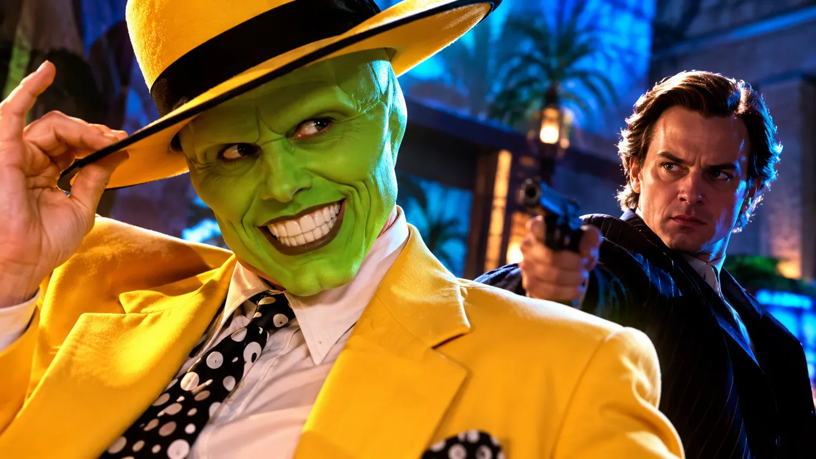 Homem de rosto verde, terno e chapéu amarelos sorri em primeiro plano, enquanto um homem de terno escuro aponta uma arma sob luzes azuis e douradas.
