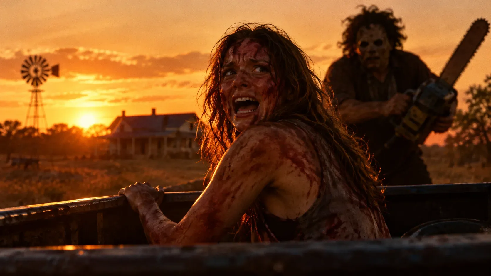 Ilustração cinematográfica de uma jovem ensanguentada e assustada na carroceria de uma caminhonete ao pôr do sol, com um homem mascarado e uma motosserra ao fundo.