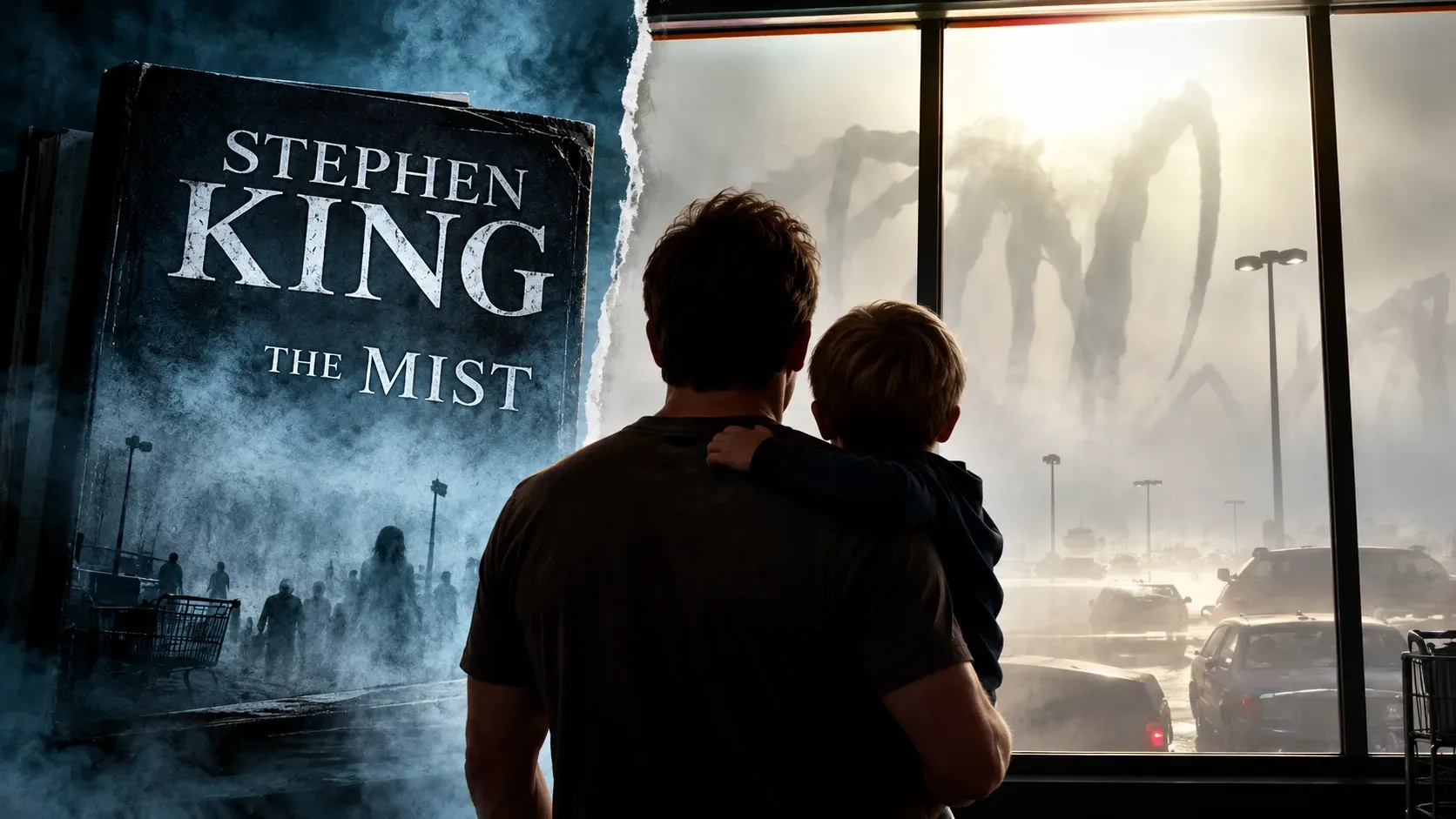 Montagem dividida entre um livro ilustrado com o nome Stephen King e The Mist e, do outro lado, um adulto com uma criança diante de janelas cobertas por névoa e sombras de criaturas gigantes.