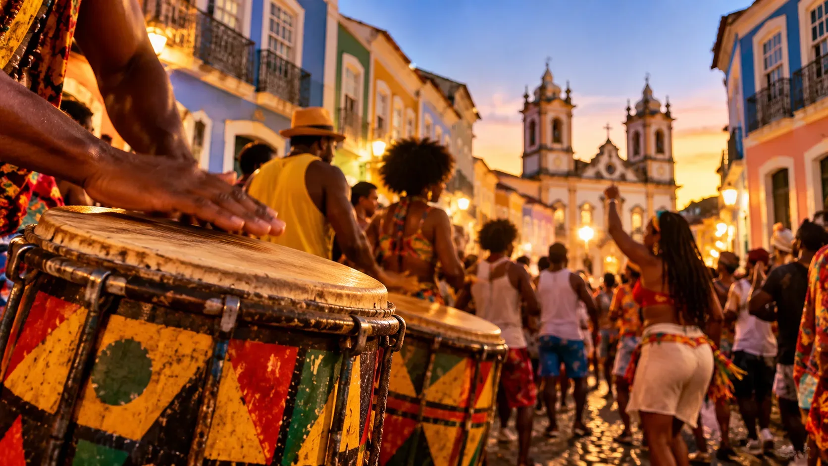 Mão de percussionista toca tambor colorido em rua de paralelepípedos durante o Carnaval, com foliões, casario colonial e igreja ao pôr do sol.