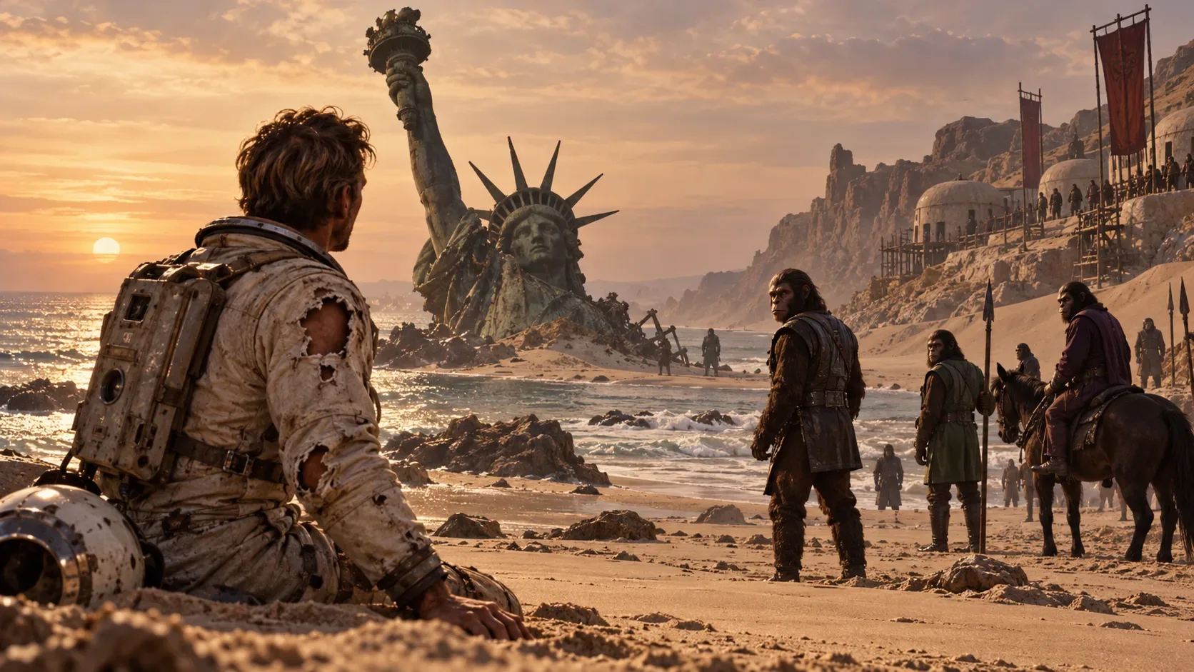 Astronauta com traje desgastado observa, em uma praia desolada ao pôr do sol, macacos armados e a Estátua da Liberdade parcialmente soterrada.