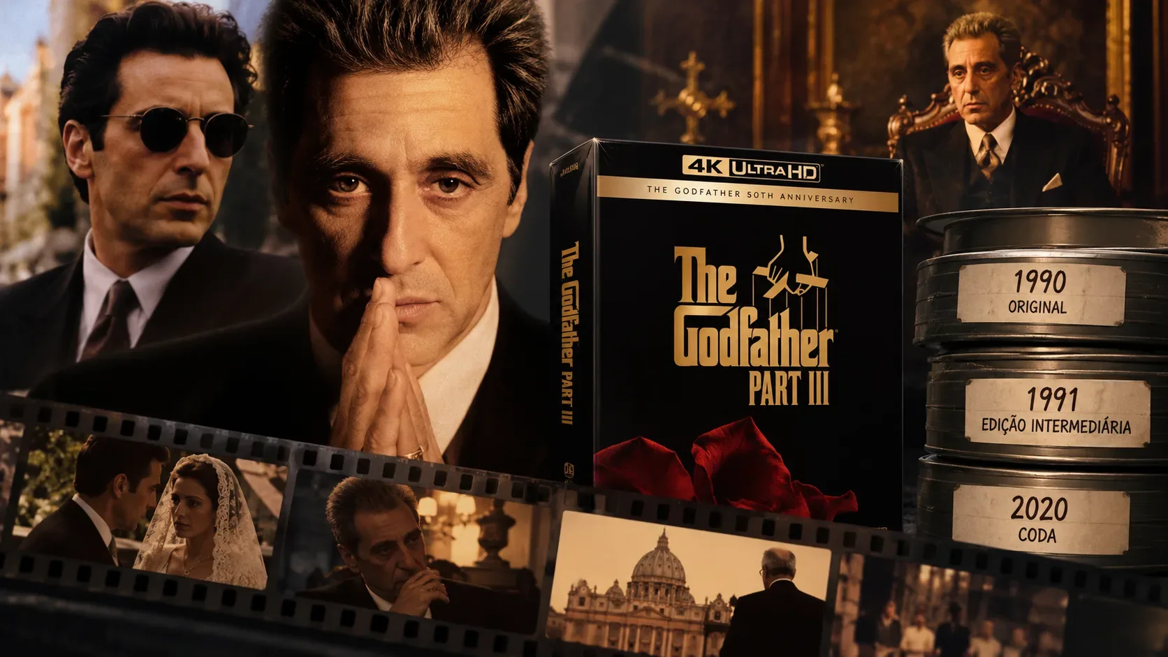 Colagem cinematográfica em sépia com retratos de Michael Corleone, estojo estilizado de O Poderoso Chefão e três latas de filme identificadas como 1990, 1991 e 2020.