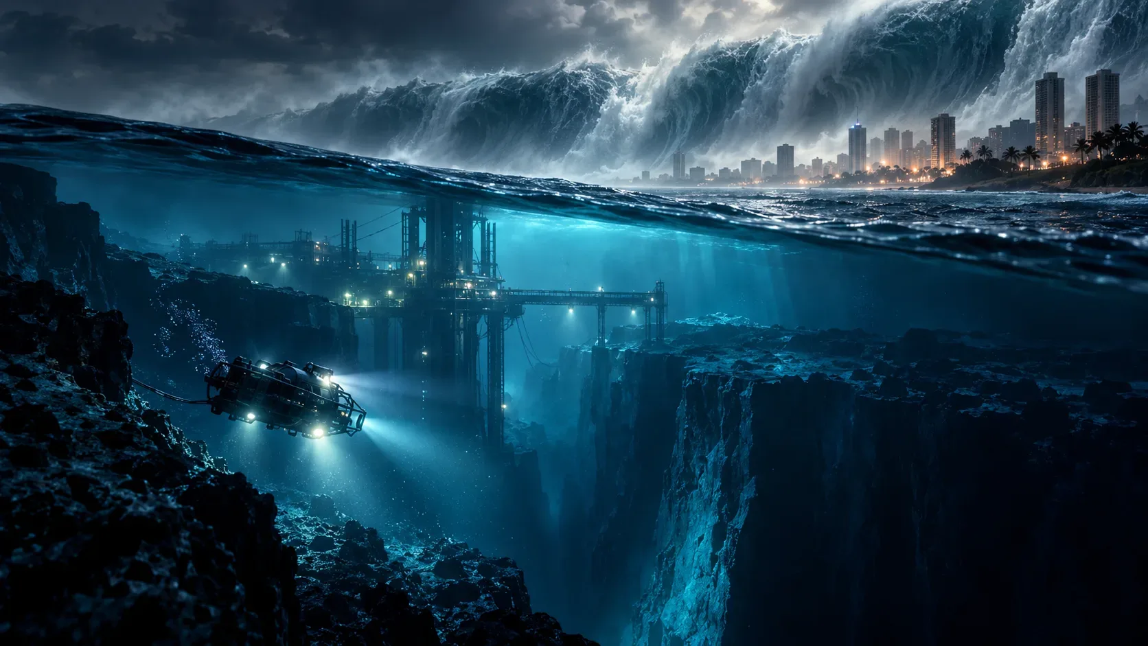 Ondas gigantes se erguem diante de uma cidade costeira, enquanto um pequeno submersível iluminado explora um abismo próximo a uma plataforma submarina.