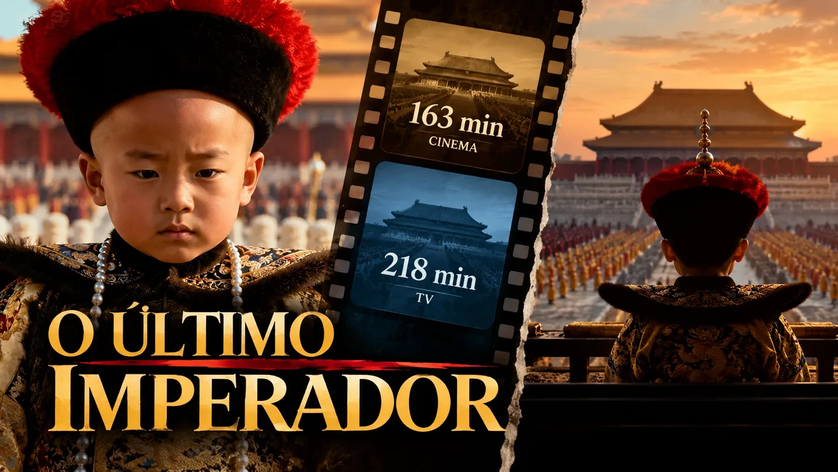 Capa ilustrada de O Último Imperador, com criança em traje imperial chinês diante de palácio e película comparando 163 minutos no cinema e 218 na TV.