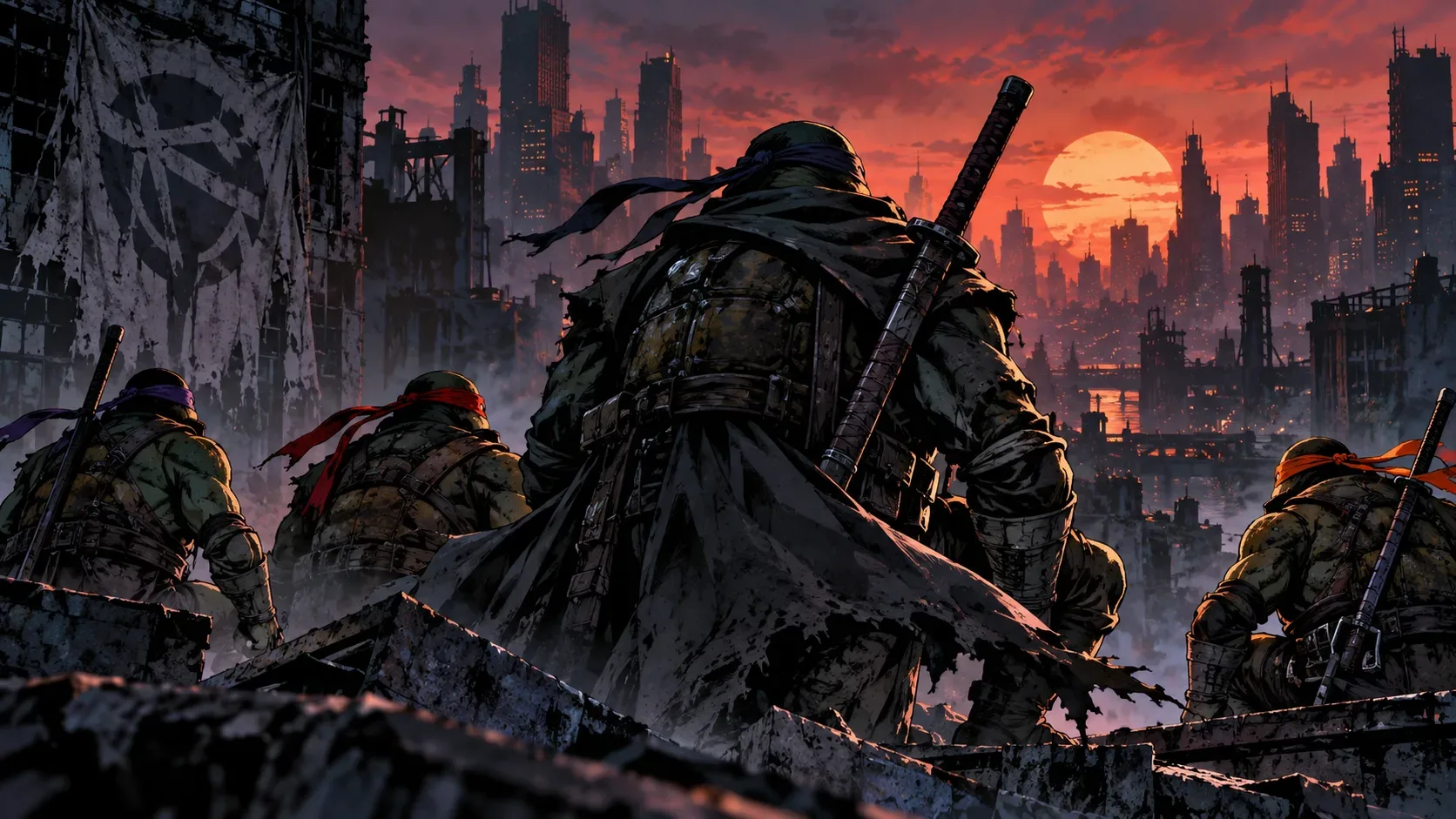 Ilustração em estilo de quadrinhos de quatro tartarugas guerreiras sobre um terraço em ruínas, olhando uma cidade ao pôr do sol.