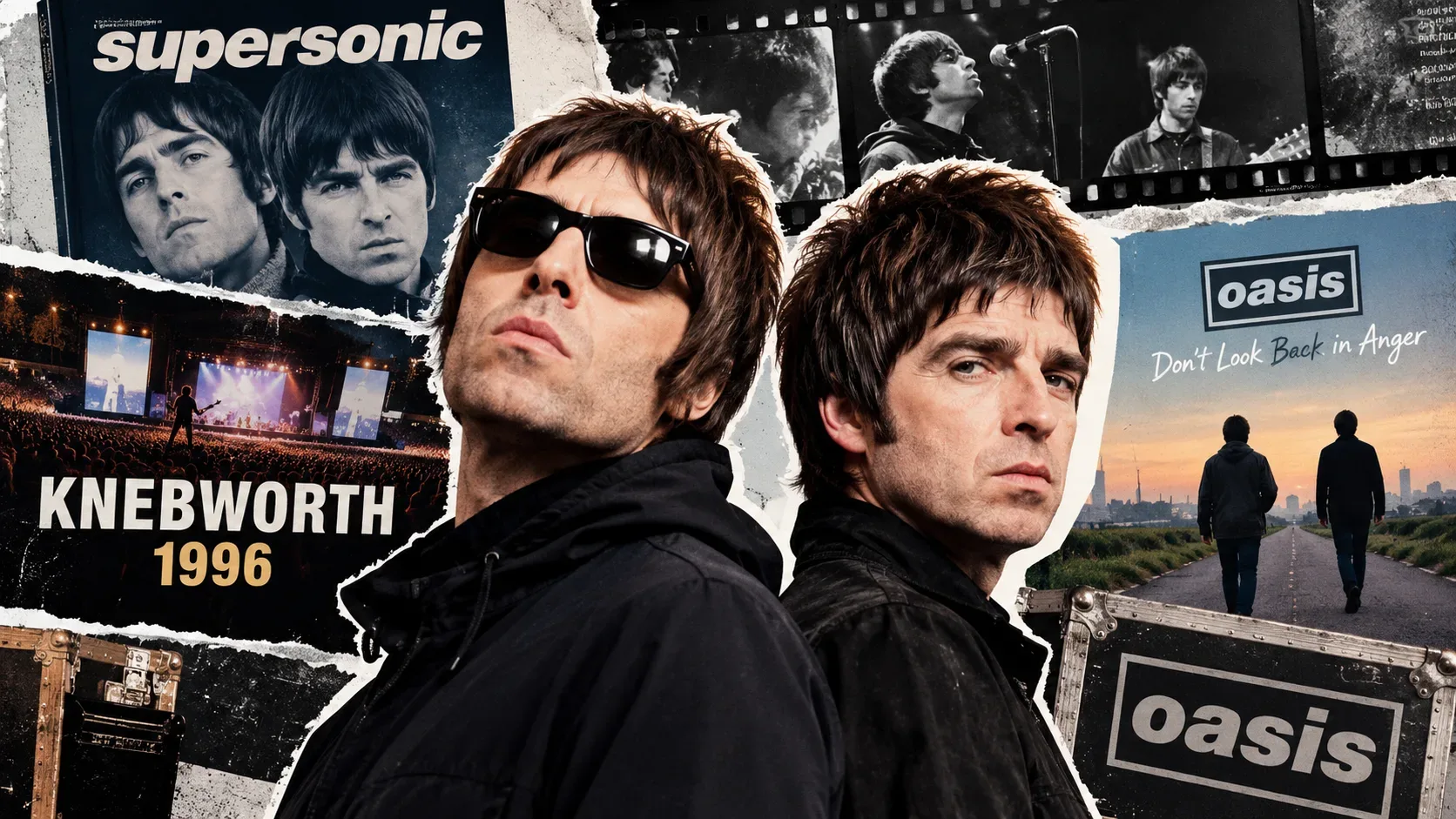 Colagem editorial em três painéis com retratos estilizados dos irmãos Gallagher, um grande público diante do palco e os nomes dos documentários do Oasis.