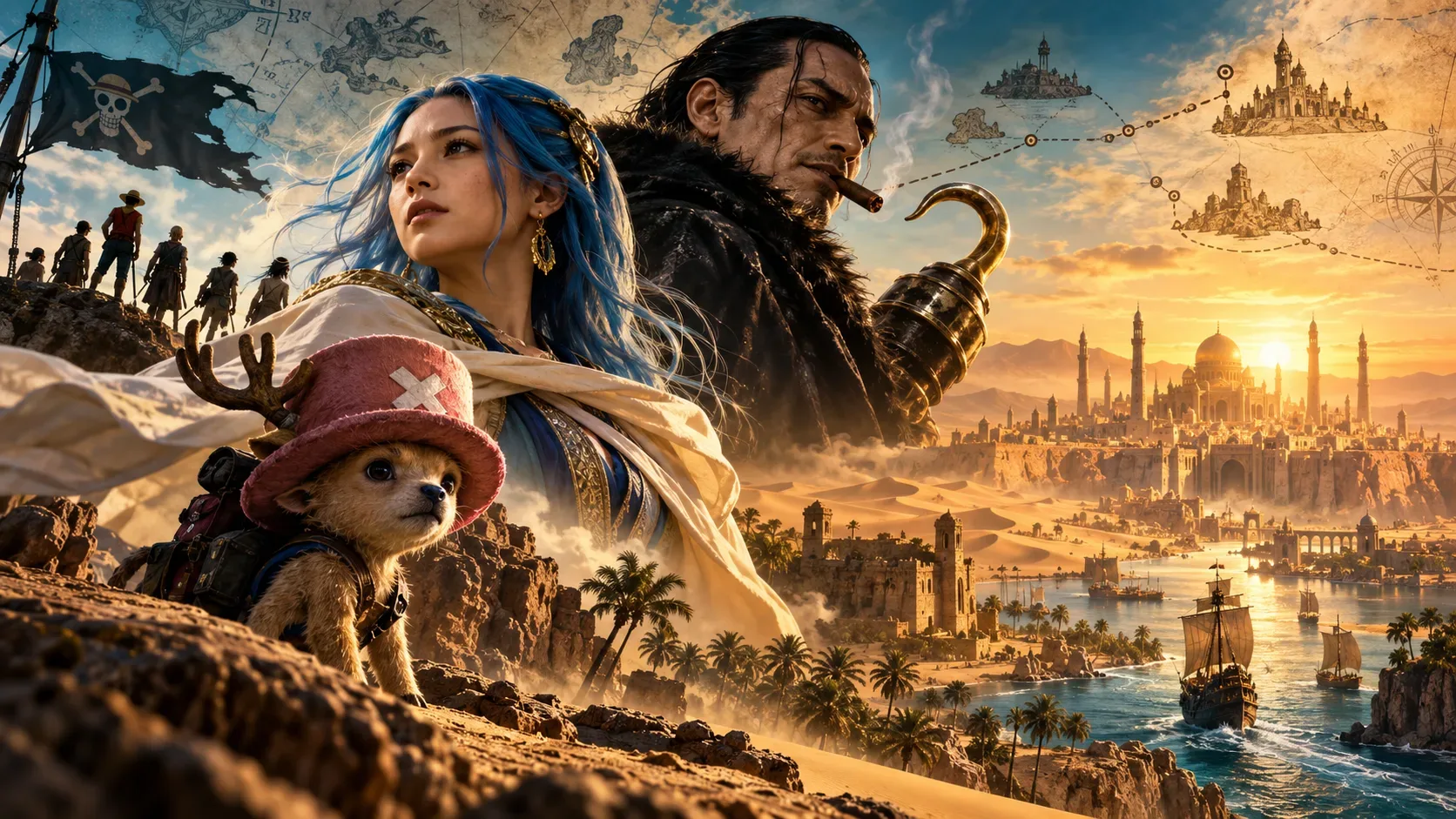 Ilustração cinematográfica com uma princesa de cabelos azuis, um pequeno rena de chapéu rosa e um pirata de gancho diante de uma cidade no deserto, barcos e um mapa de ilhas.