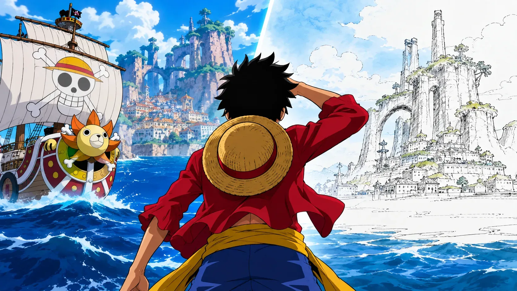 Luffy de costas diante de um mar dividido entre uma ilha colorida com navio pirata e a mesma paisagem em traços de esboço.