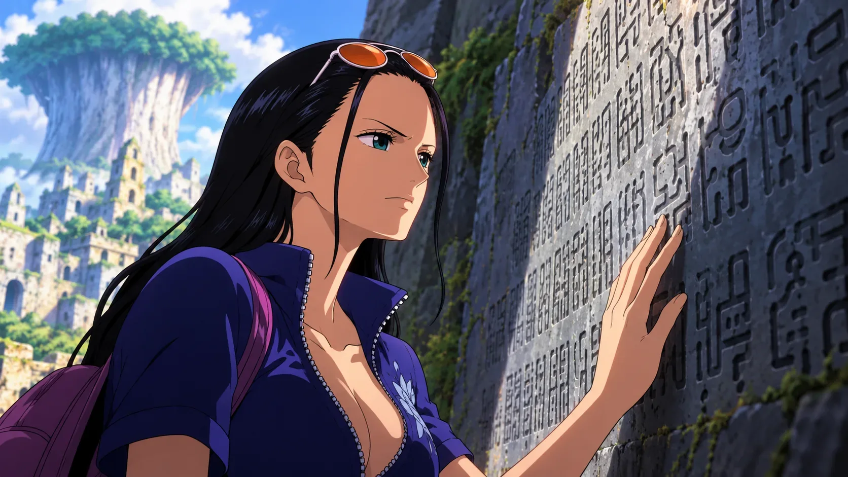 Nico Robin, com cabelos pretos e óculos laranja, toca inscrições em uma parede de pedra antiga entre ruínas, com uma árvore colossal ao fundo.