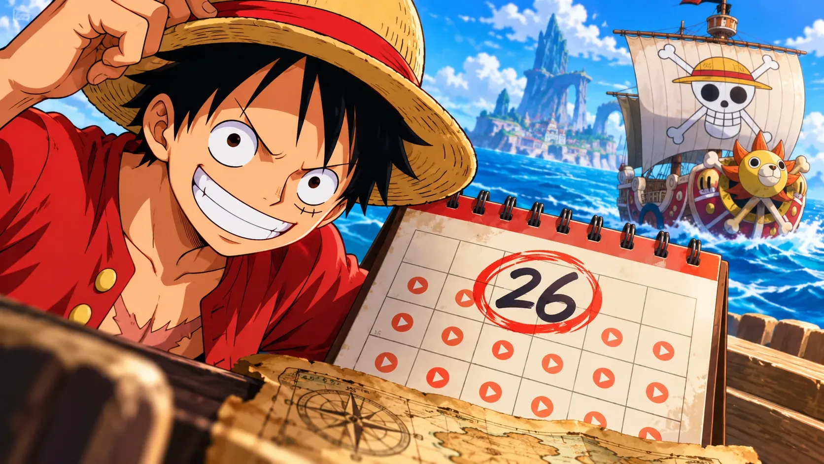 Ilustração em estilo anime de Luffy junto a um calendário com o número 26 destacado, enquanto o navio dos Chapéus de Palha navega ao fundo.