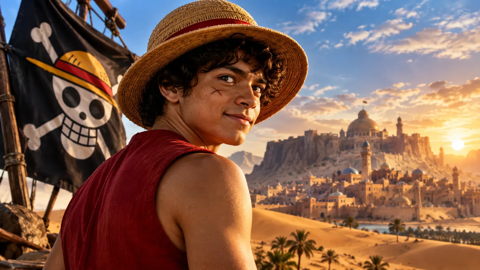 Jovem pirata de chapéu de palha e colete vermelho diante de dunas e uma cidade fortificada no deserto, com uma bandeira pirata ao lado.