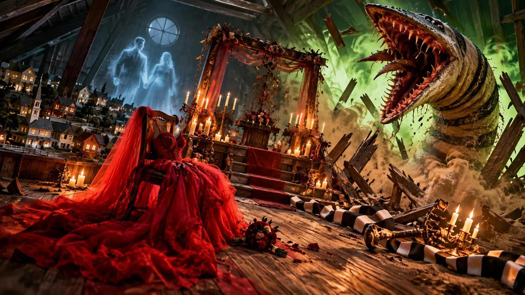 Ilustração gótica de sótão com vestido vermelho, casal de fantasmas, maquete de cidade e verme de areia gigante emergindo entre destroços.