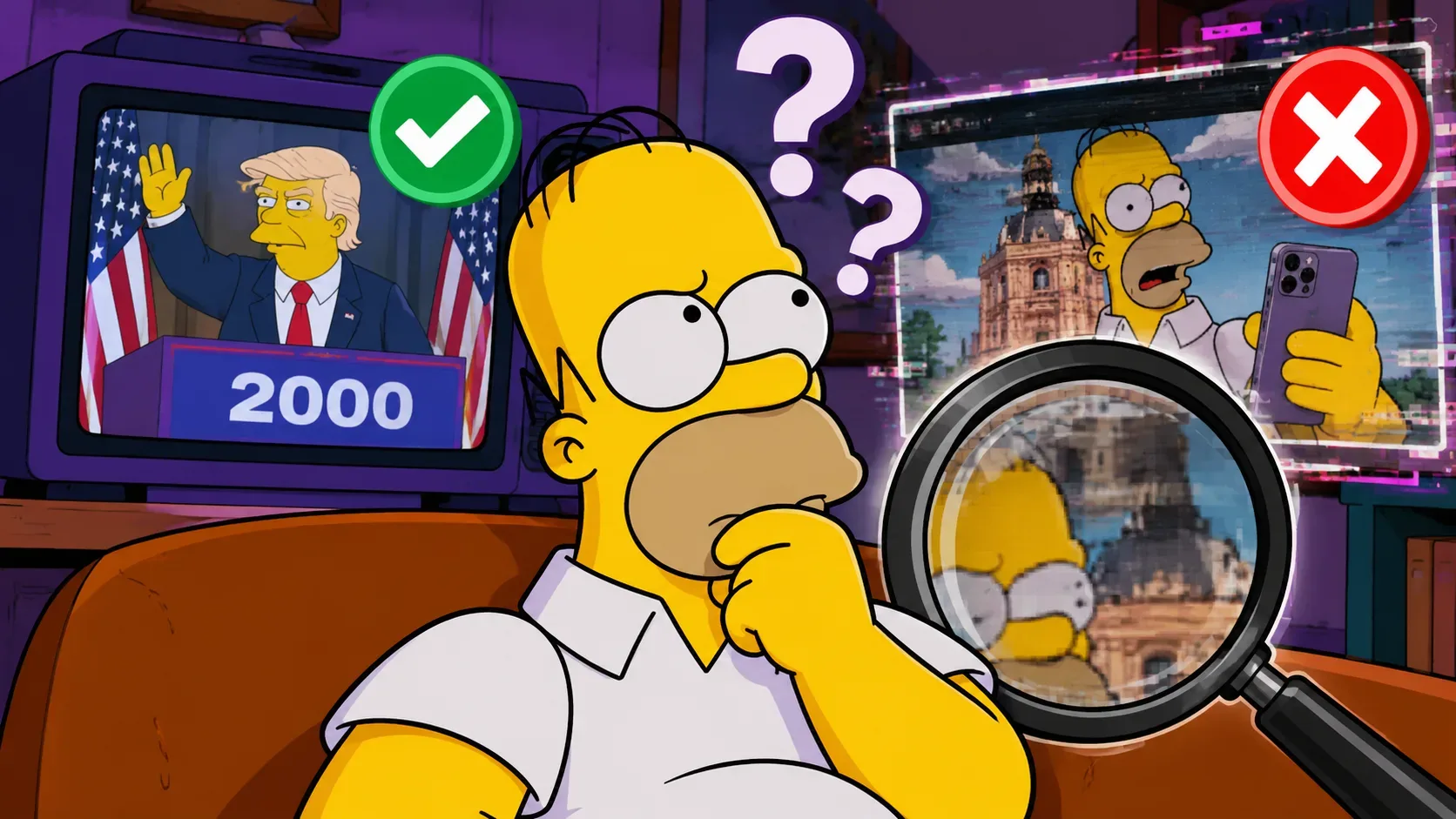 Homer Simpson pensativo diante de duas telas, uma com caricatura de Trump e a inscrição 2000, outra com imagem distorcida de Homer, cercadas por sinais de verdadeiro e falso, interrogações e lupa.