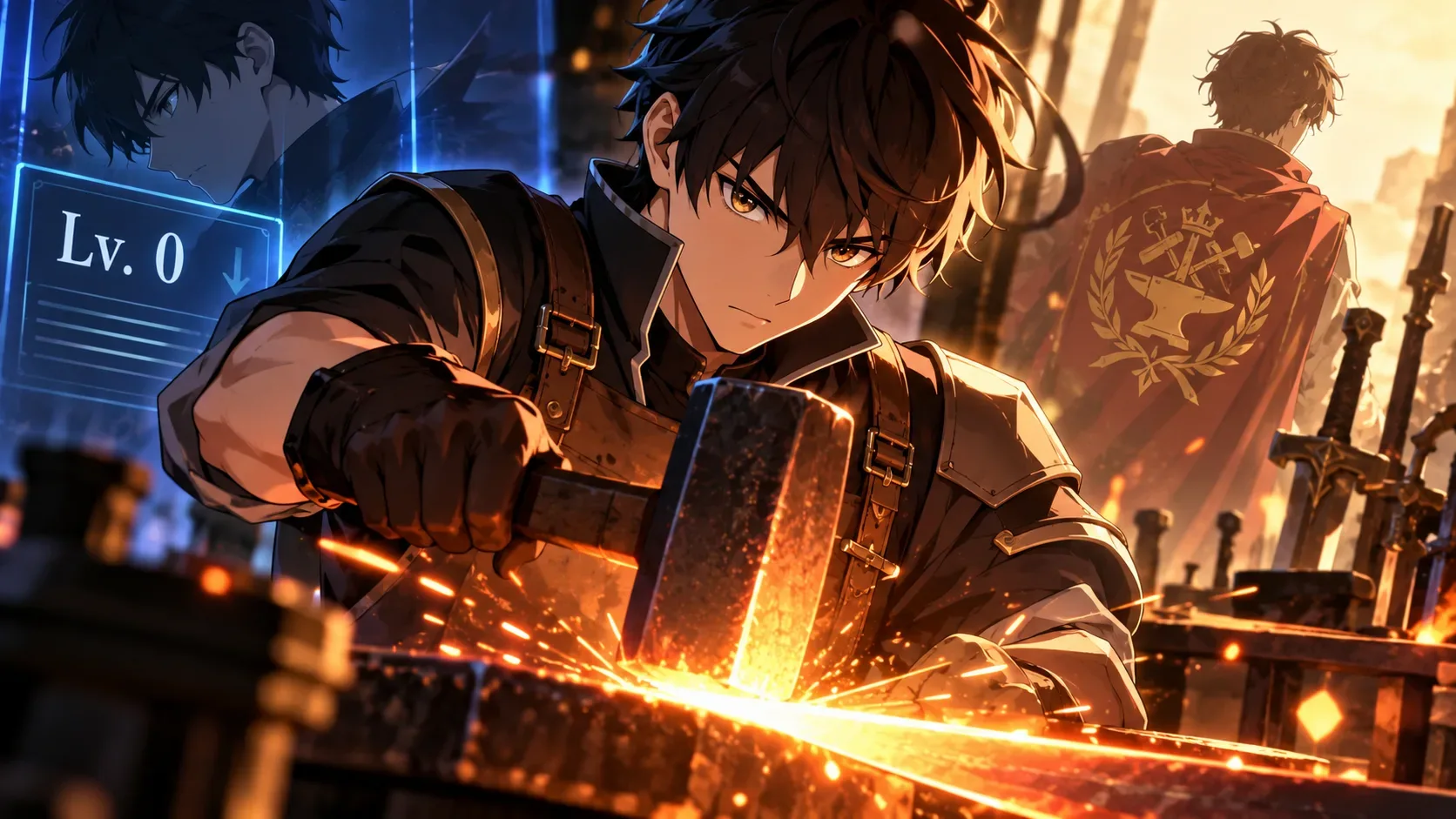 Ilustração original em estilo anime de um jovem ferreiro de cabelos escuros martelando uma lâmina incandescente, com um painel azul de nível à esquerda e uma figura de capa ao fundo.