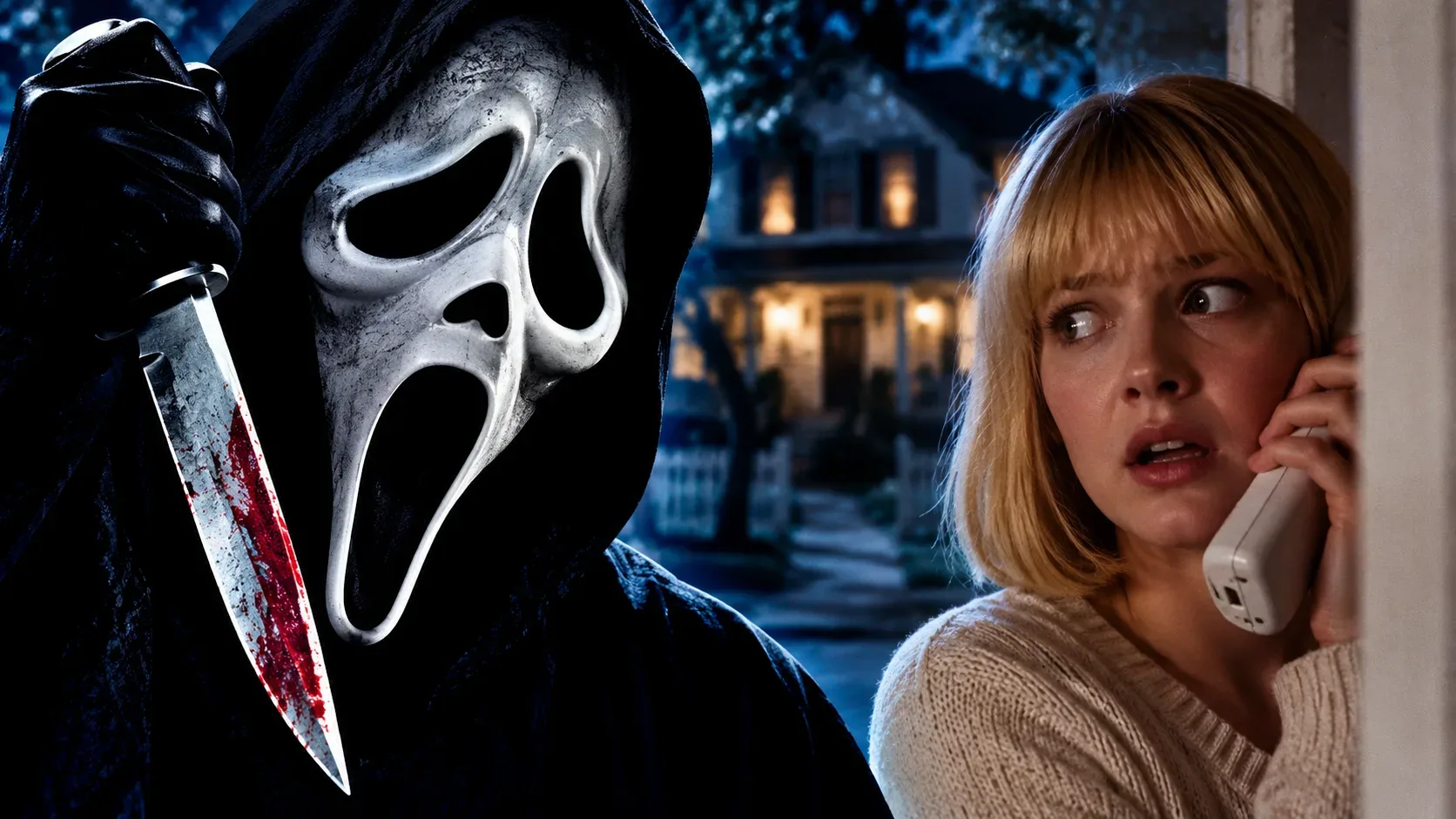 Ghostface mascarado segura uma faca diante de uma jovem loira assustada ao telefone, com uma casa suburbana à noite ao fundo.