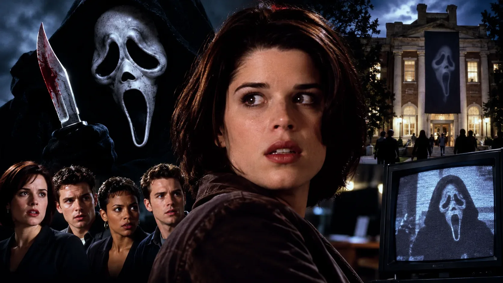 Montagem de terror com jovem assustada ao centro, Ghostface com faca à esquerda, estudantes, prédio universitário e televisão ao fundo.