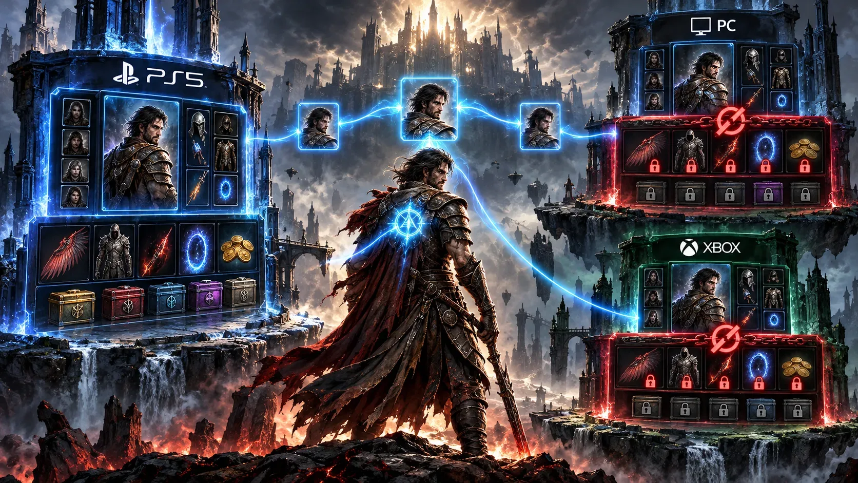 Arte de fantasia sombria com guerreiro central e painéis PS5, PC e Xbox ligados por linhas azuis; compras aparecem bloqueadas em vermelho nos painéis de PC e Xbox.