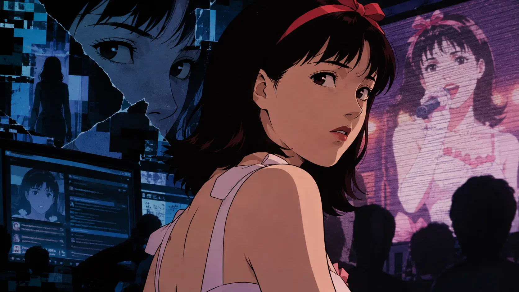 Ilustração em estilo anime de uma jovem de cabelos escuros entre telas azuis e uma projeção rosa de sua imagem como cantora, com figuras fragmentadas ao fundo.