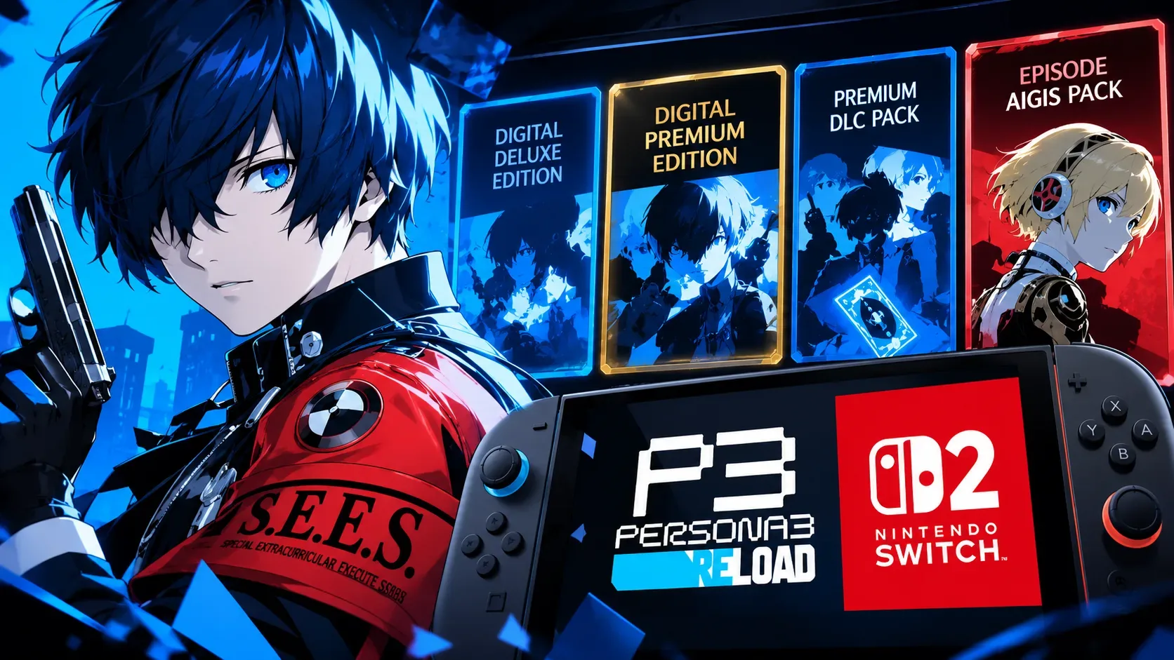 Ilustração de estética anime em azul, preto e vermelho, com jovem de cabelo azul à esquerda, painéis de edições e DLCs à direita e um console portátil em primeiro plano.