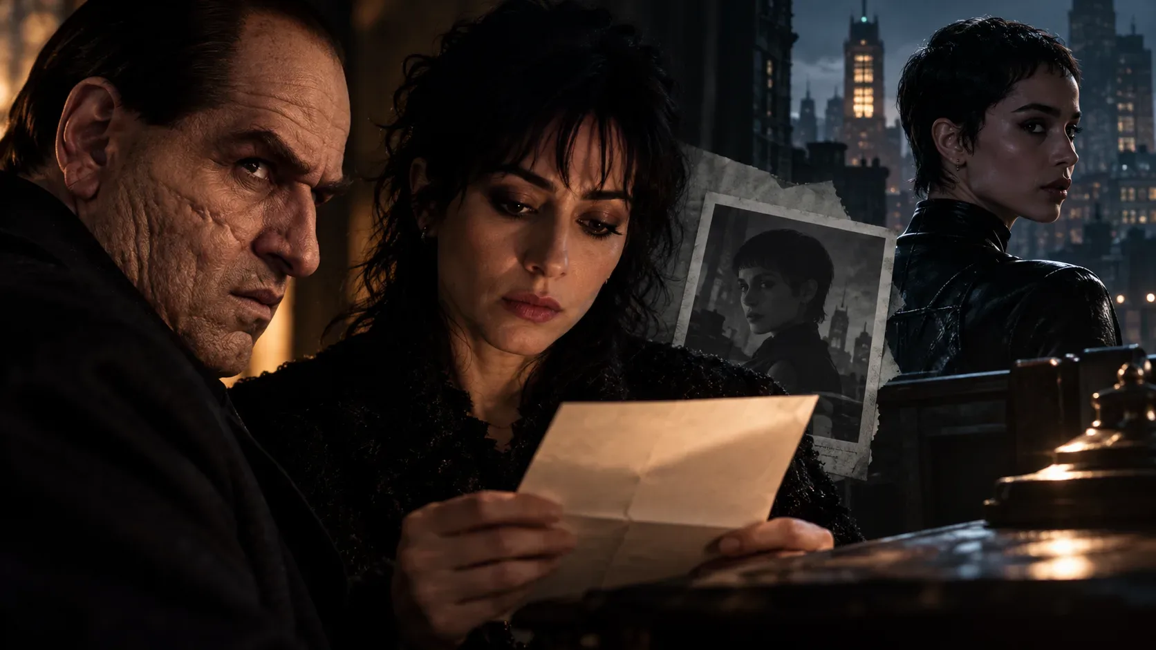 Arte cinematográfica noturna com uma mulher de cabelos escuros lendo uma carta, um homem à esquerda, outra mulher à direita e prédios sombrios ao fundo.