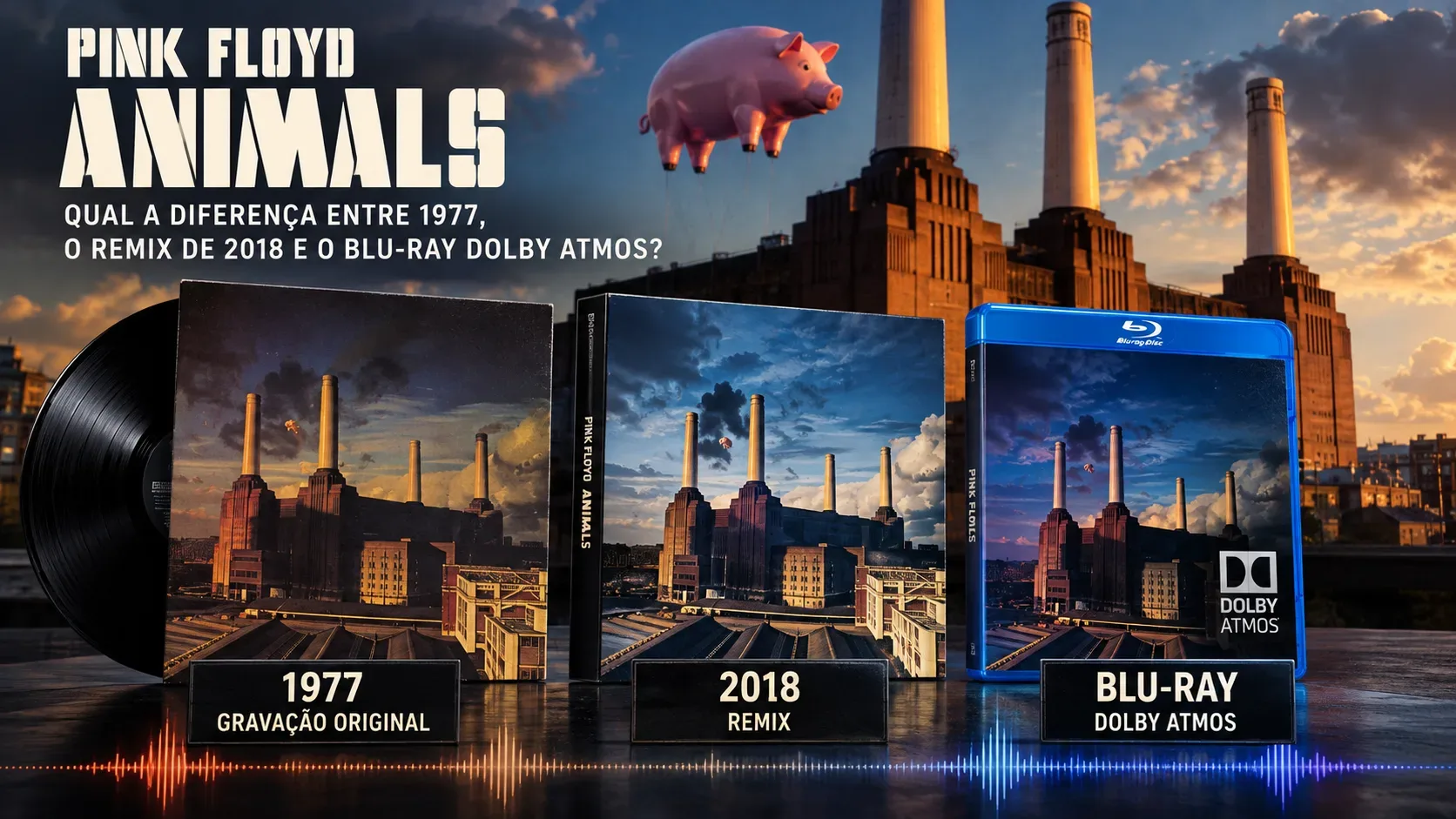 Montagem com vinil e edições de Animals do Pink Floyd, um Blu-ray Dolby Atmos e a usina Battersea ao fundo, com porco inflável no céu.