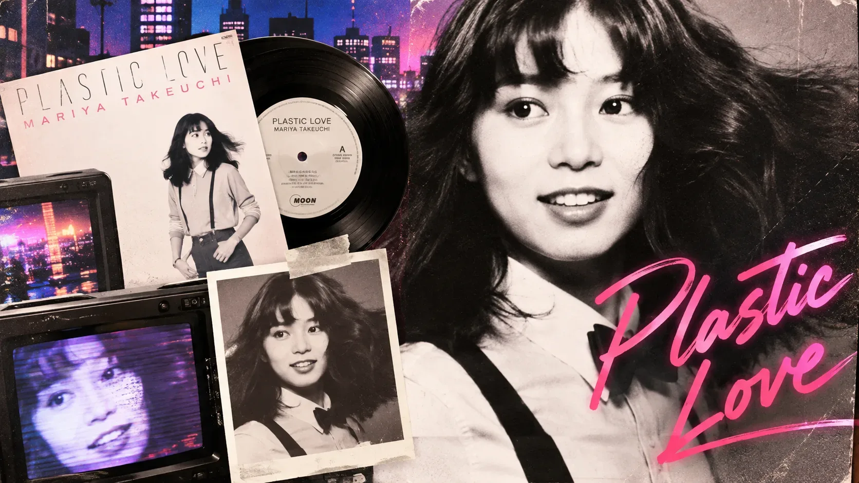 Colagem retrô em tons rosa e violeta com retratos femininos em preto e branco, disco de vinil, telas antigas e o letreiro rosa Plastic Love.