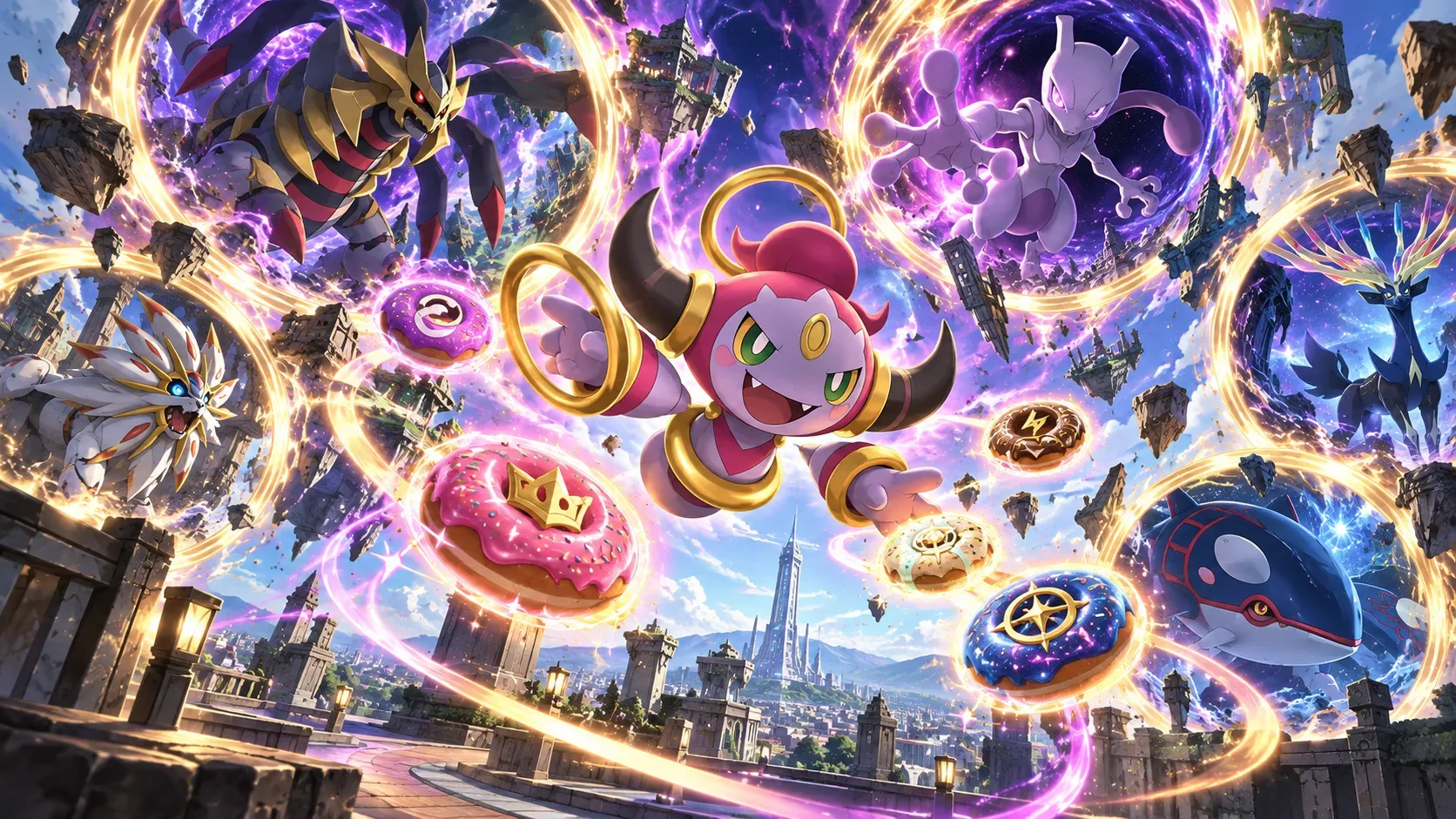 Ilustração de Hoopa cercado por anéis brilhantes e rosquinhas flutuantes, com Pokémon poderosos surgindo de portais sobre uma cidade.