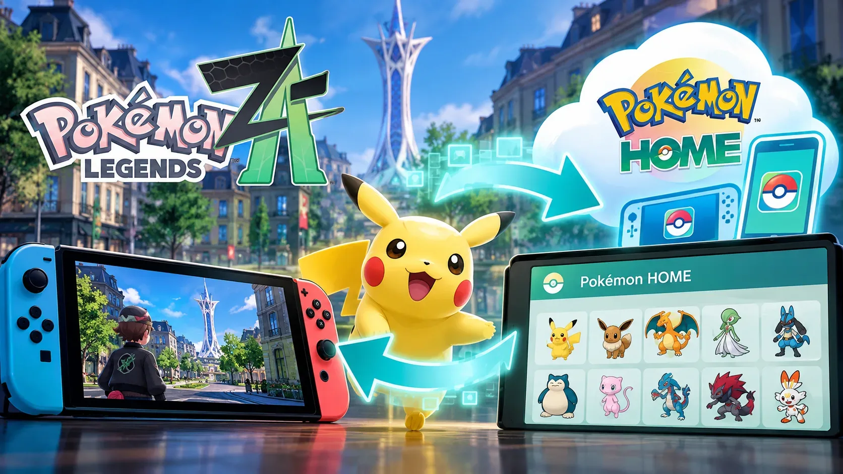 Arte digital com Pikachu entre um Nintendo Switch exibindo Lumiose City e uma tela de caixas do Pokémon HOME, conectados por setas brilhantes.