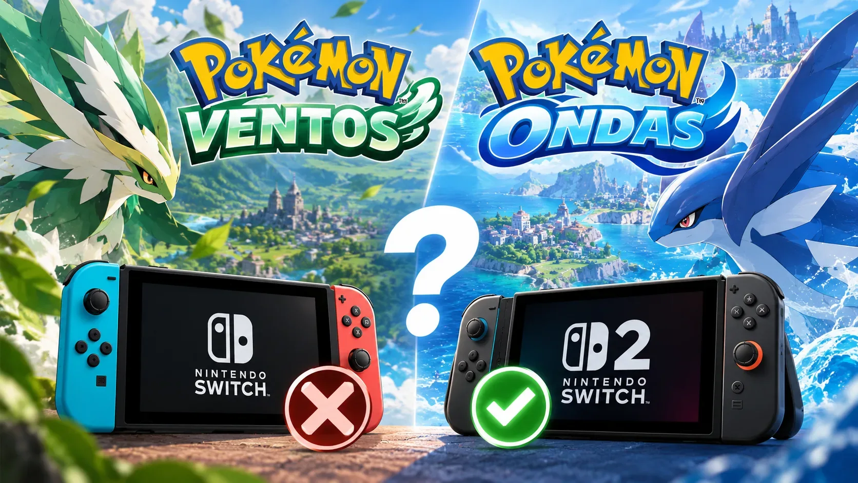 Ilustração dividida entre paisagem verde e oceano azul, com criaturas inspiradas em Pokémon, logos de Ventos e Ondas, Nintendo Switch com X vermelho e Switch 2 com marca verde.
