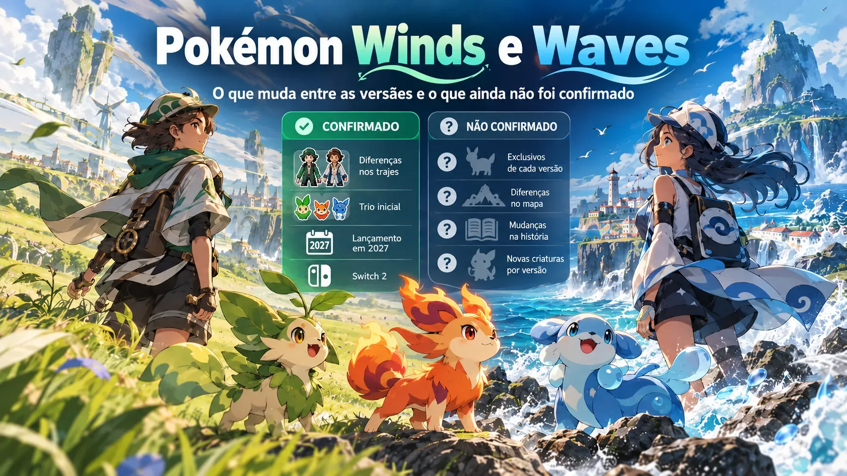 Ilustração horizontal com cenário de ventos à esquerda e litoral com ondas à direita, dois aventureiros, três criaturas estilizadas e quadro comparando informações confirmadas e não confirmadas.