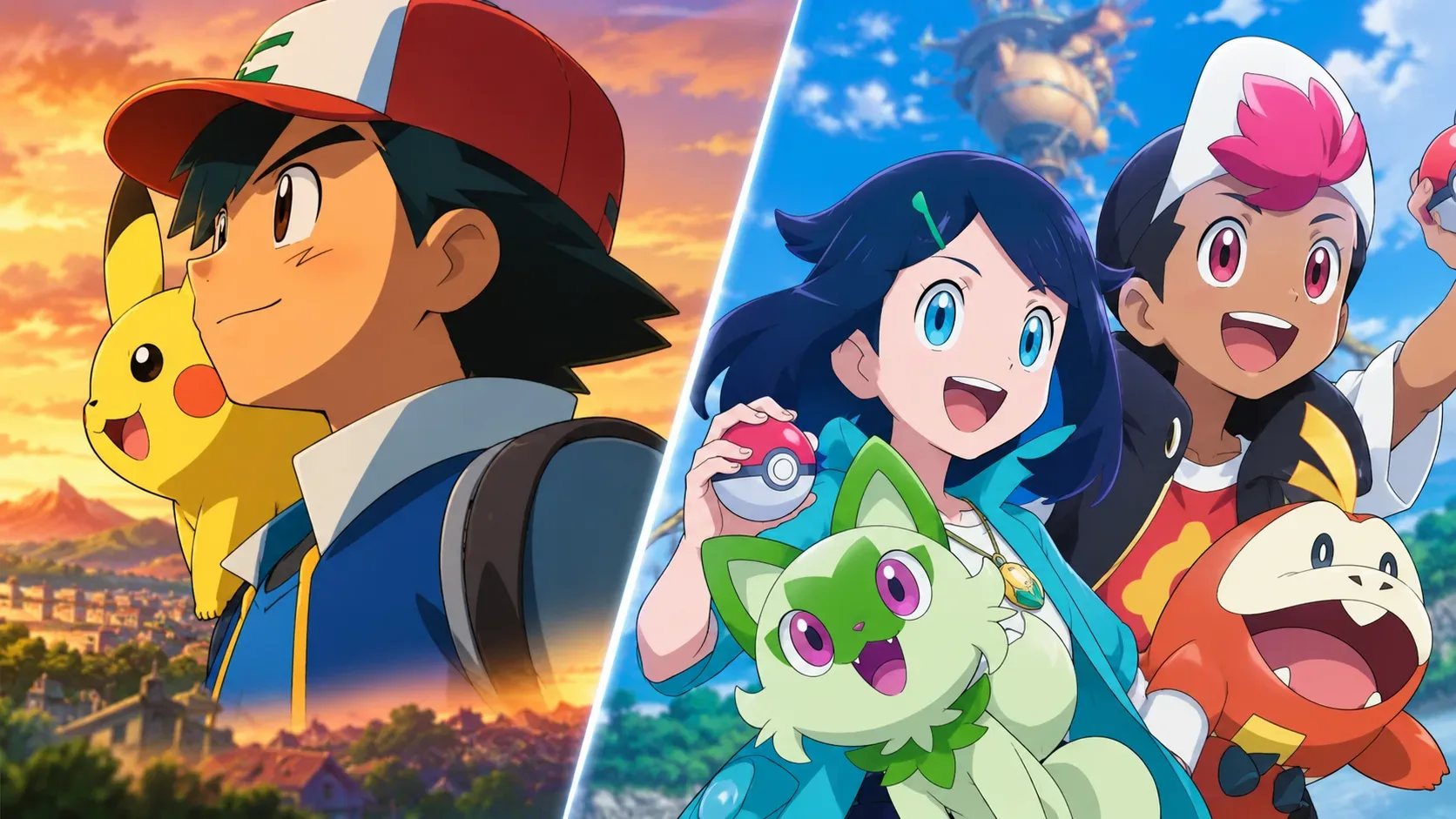 Arte em estilo anime com Ash e Pikachu ao pôr do sol, à esquerda, e Liko, Roy, Sprigatito e Fuecoco sob céu azul, à direita.