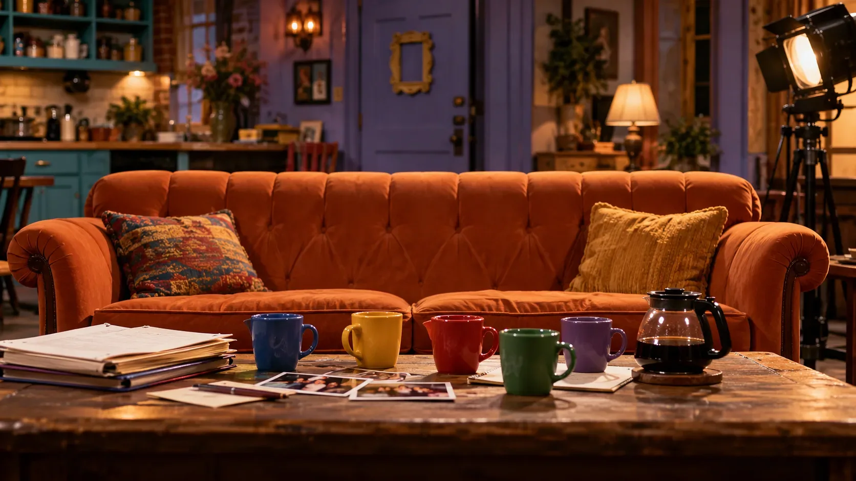 Cenário de sitcom com sofá laranja, canecas coloridas sobre uma mesa de madeira e refletor de estúdio ao fundo.