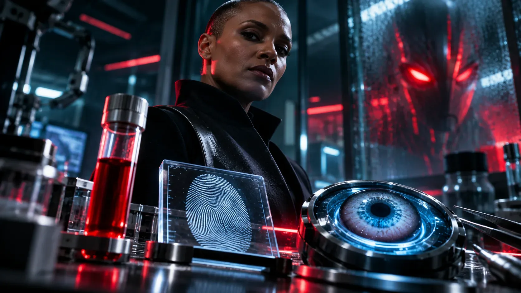 Laboratório futurista com mulher de cabelo raspado, amostra de sangue, impressão digital, olho artificial e figura robótica de olhos vermelhos ao fundo.