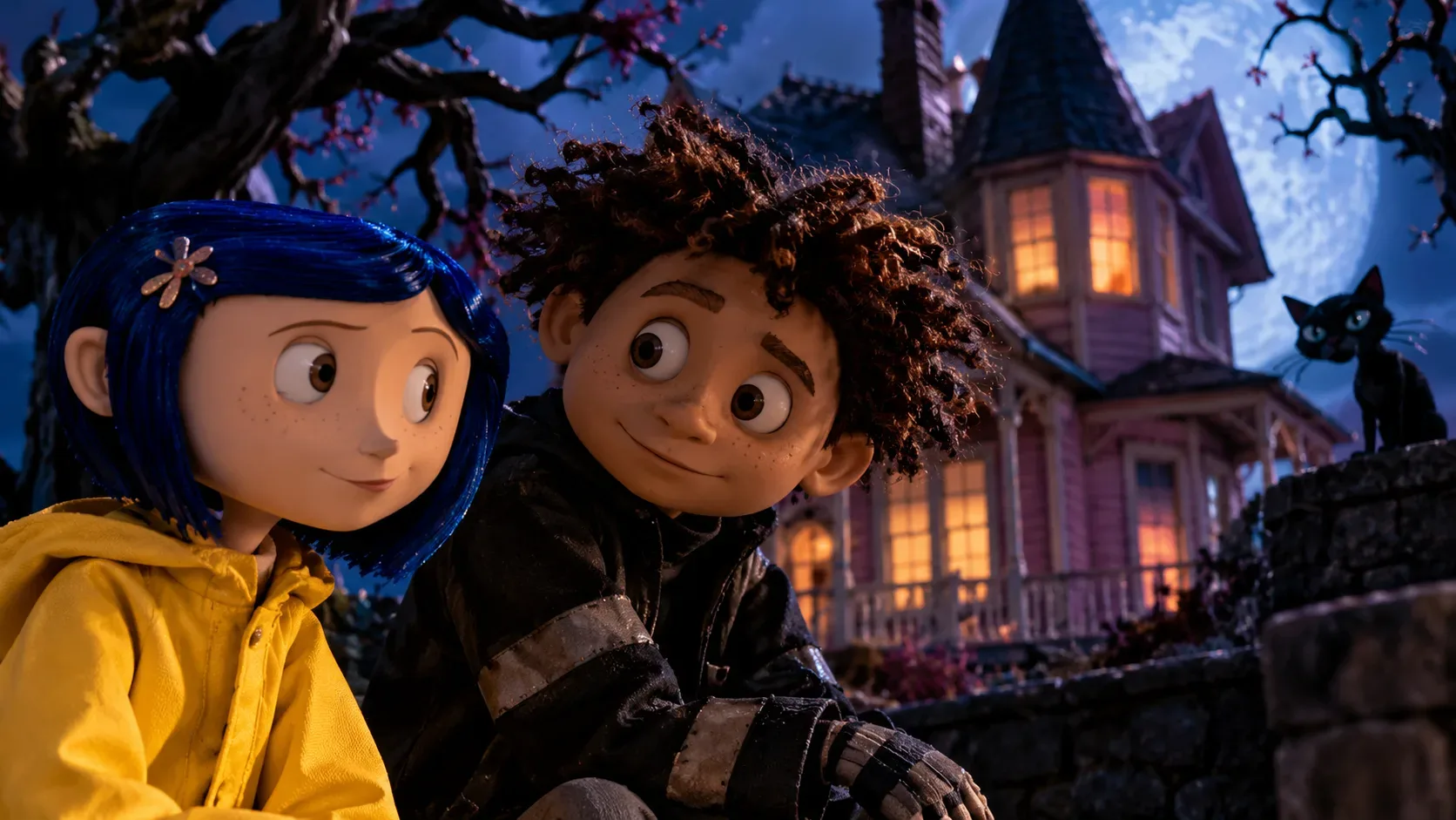 Arte em estilo stop-motion de menina de cabelo azul e capa de chuva amarela ao lado de garoto cacheado, com casarão iluminado e gato preto ao fundo.