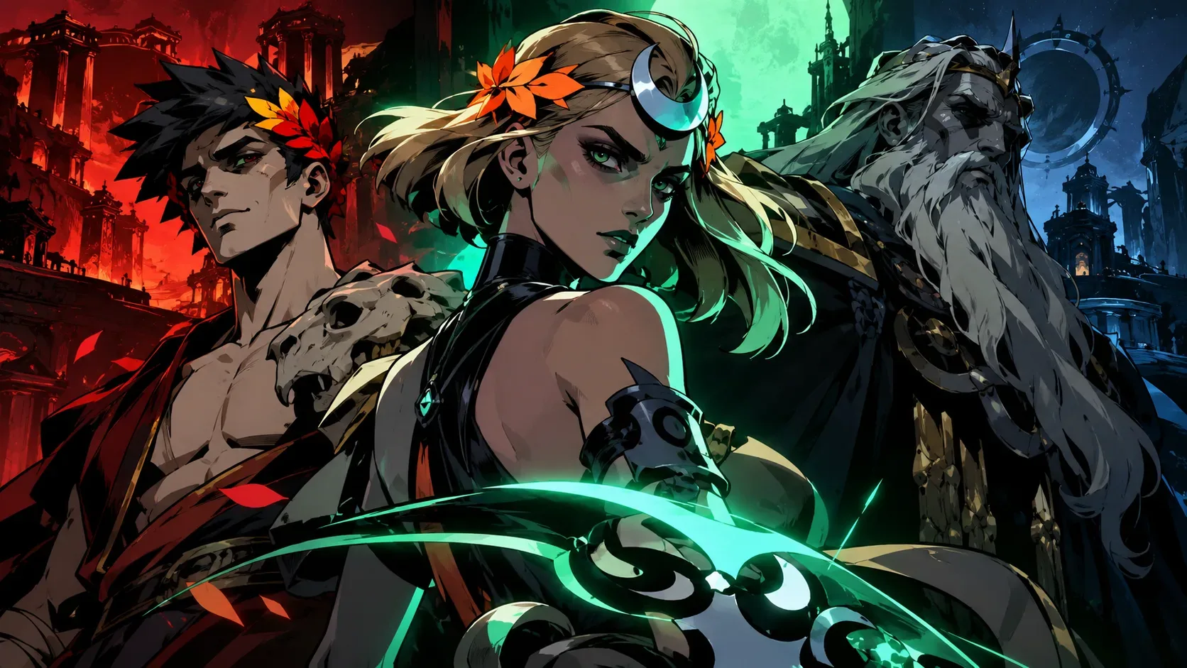 Ilustração inspirada em Hades II com uma jovem de arma luminosa verde ao centro, um guerreiro diante de ruínas vermelhas à esquerda e uma figura idosa barbada sob luz azul à direita.