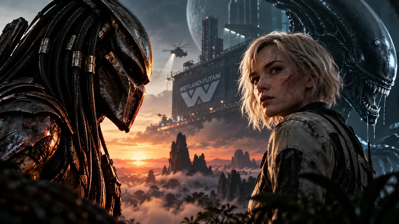 Arte digital com caçador extraterrestre de armadura e mulher loira em traje cinza; ao fundo, criatura de cabeça alongada e instalação futurista sob céu alaranjado.