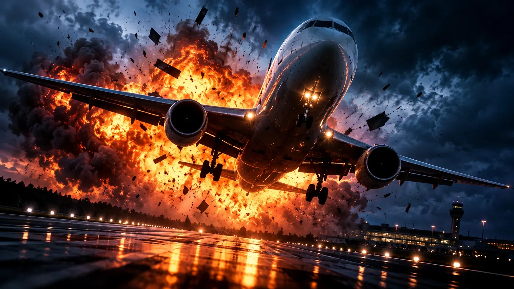 Avião de passageiros sobre uma pista molhada, diante de uma grande explosão e nuvens escuras.